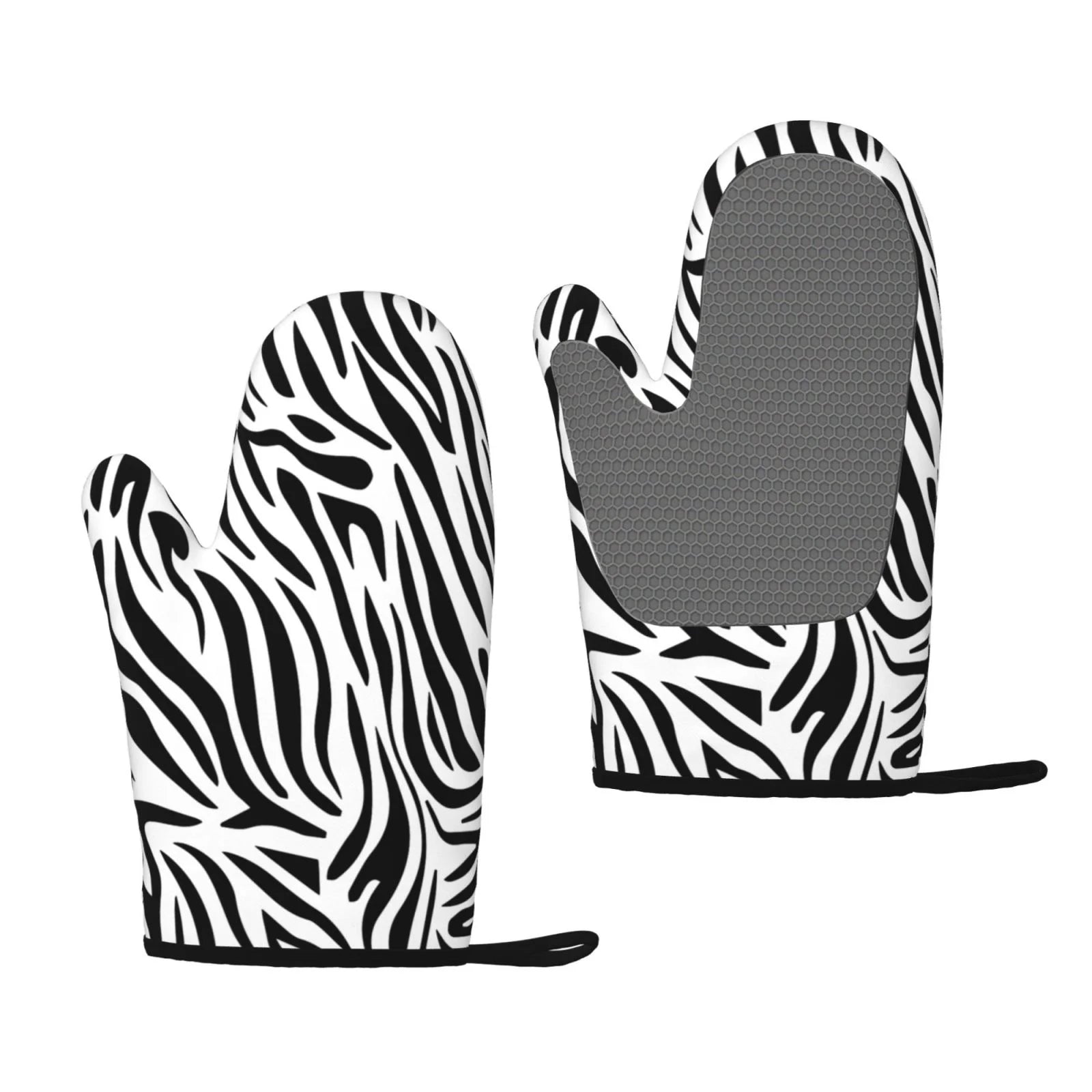 XMXT 2 Pcs Silicone Oven Mitts, Zebra Monochrome Print Thickened Non-Slip BBQ Gloves, Multicolor