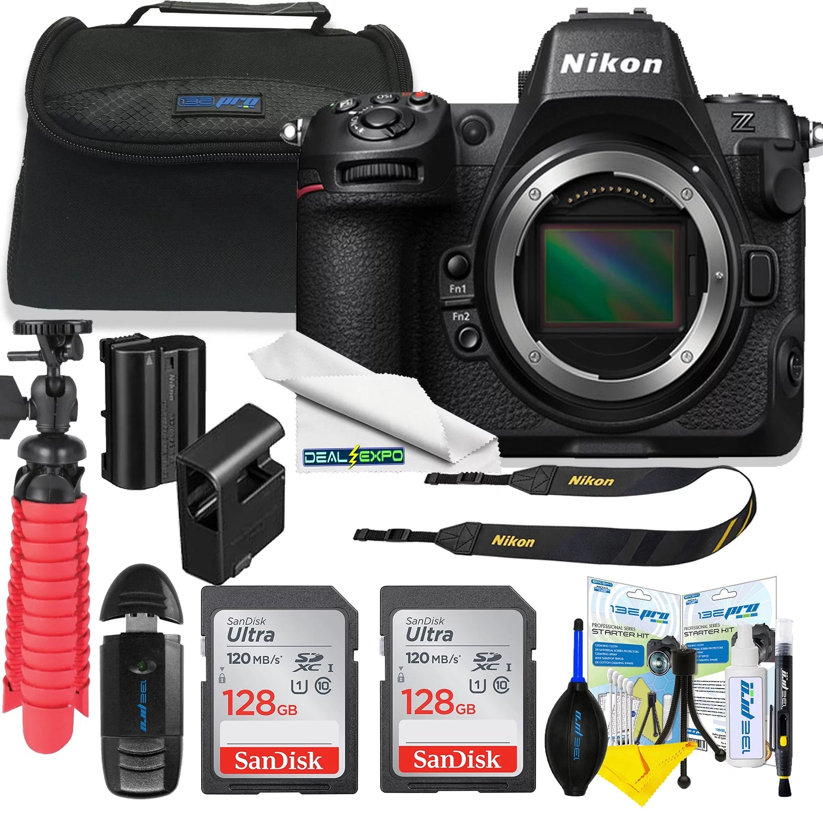 Nikon Z8 Full Frame FX Hybrid Mirrorless Camera 45.7MP 8K Video (Body) 1695 with 2pc 128GB Memory Cards, Carrying Case, Gripster Flex Tripod,  Deal-Expo Pro Kit