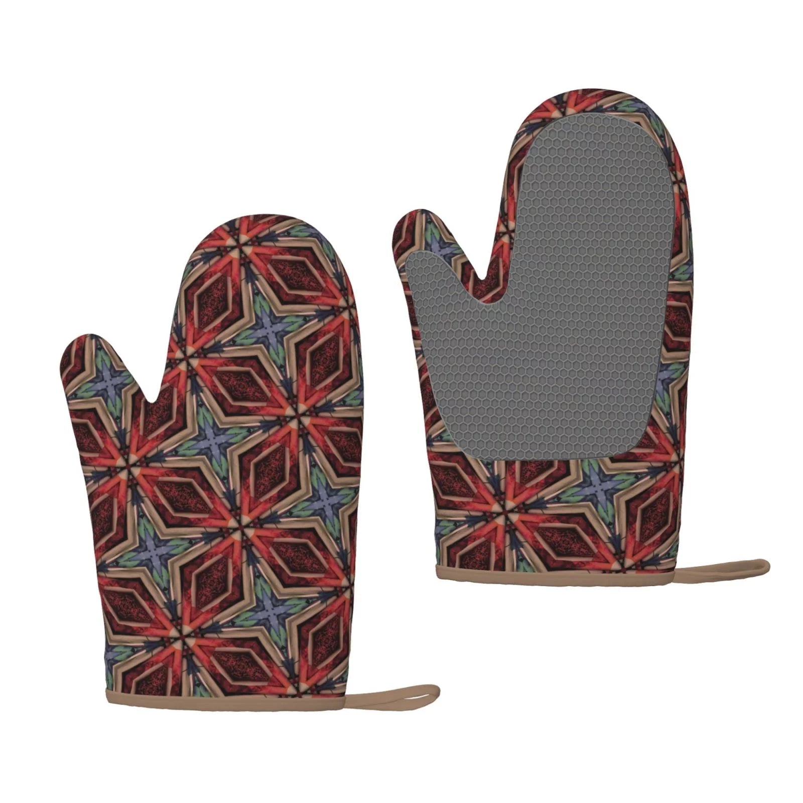 XMXT 2 Pcs Silicone Oven Mitts, Moroccan Texture Decorative Thickened Non-Slip BBQ Gloves, Red