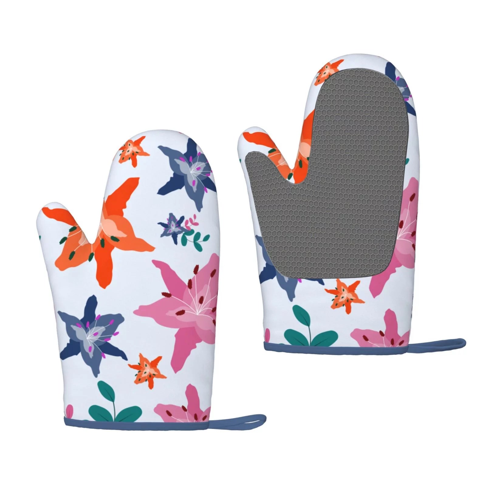 XMXT 2 Pcs Silicone Oven Mitts, Multicolored Lily Pattern Thickened Non-Slip BBQ Gloves, Multicolor