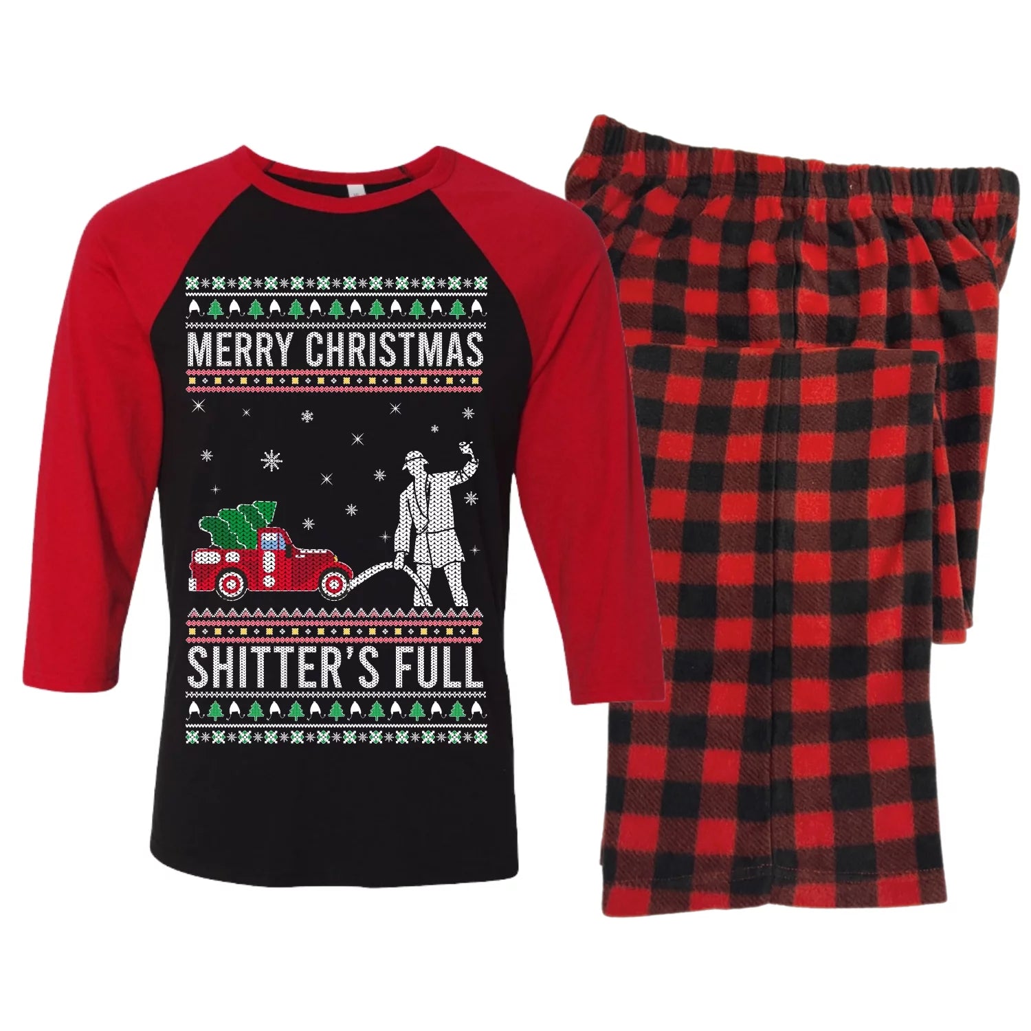 Wild Bobby Merry Christmas Shitter's Full Ugly Christmas Sweater 3/4 Sleeve Raglan Baseball Tee Bundle with Micropolar Fleece Pants, Mens Red, X-Large