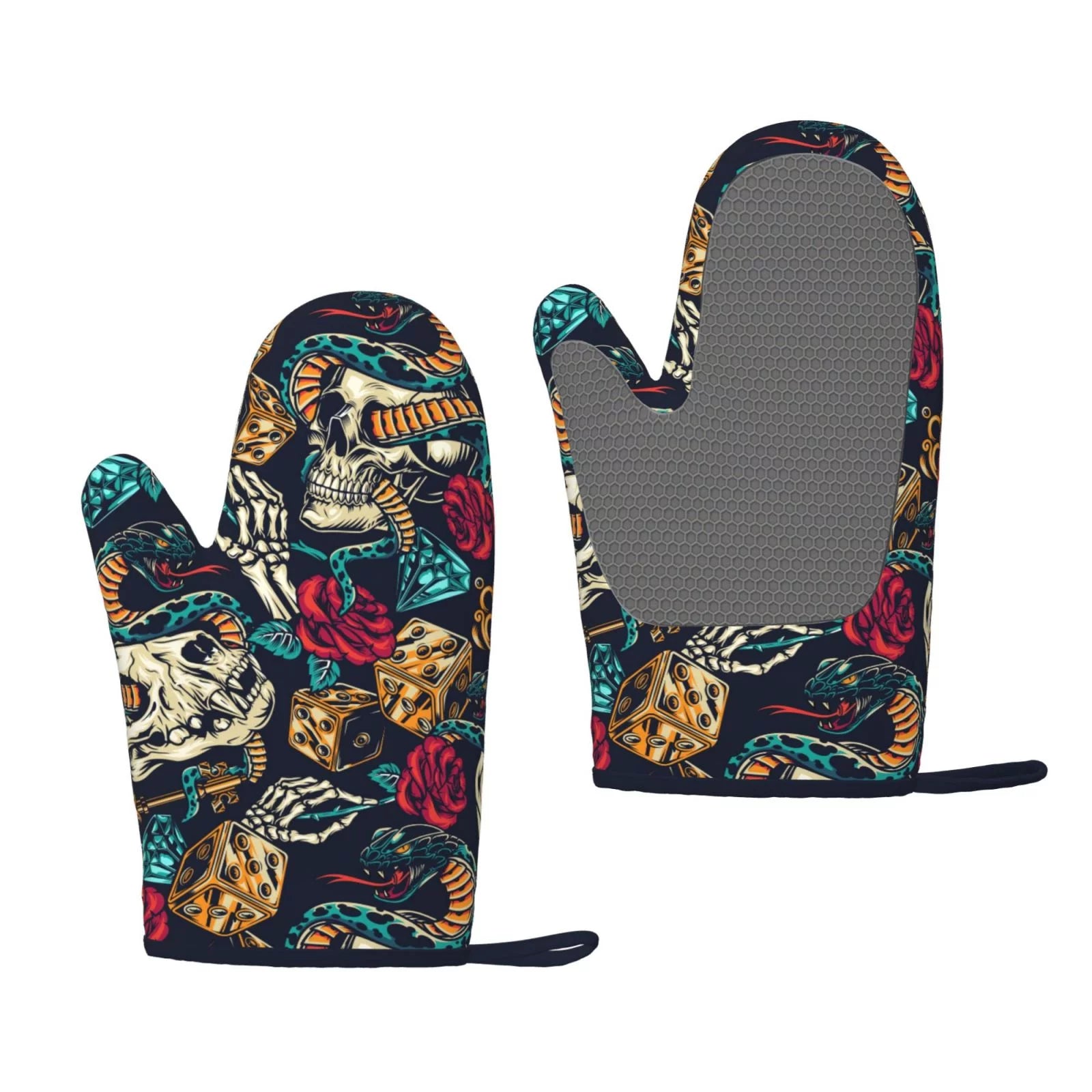 XMXT 2 Pcs Silicone Oven Mitts, Kull Snake Flower Thickened Non-Slip BBQ Gloves, Multicolor