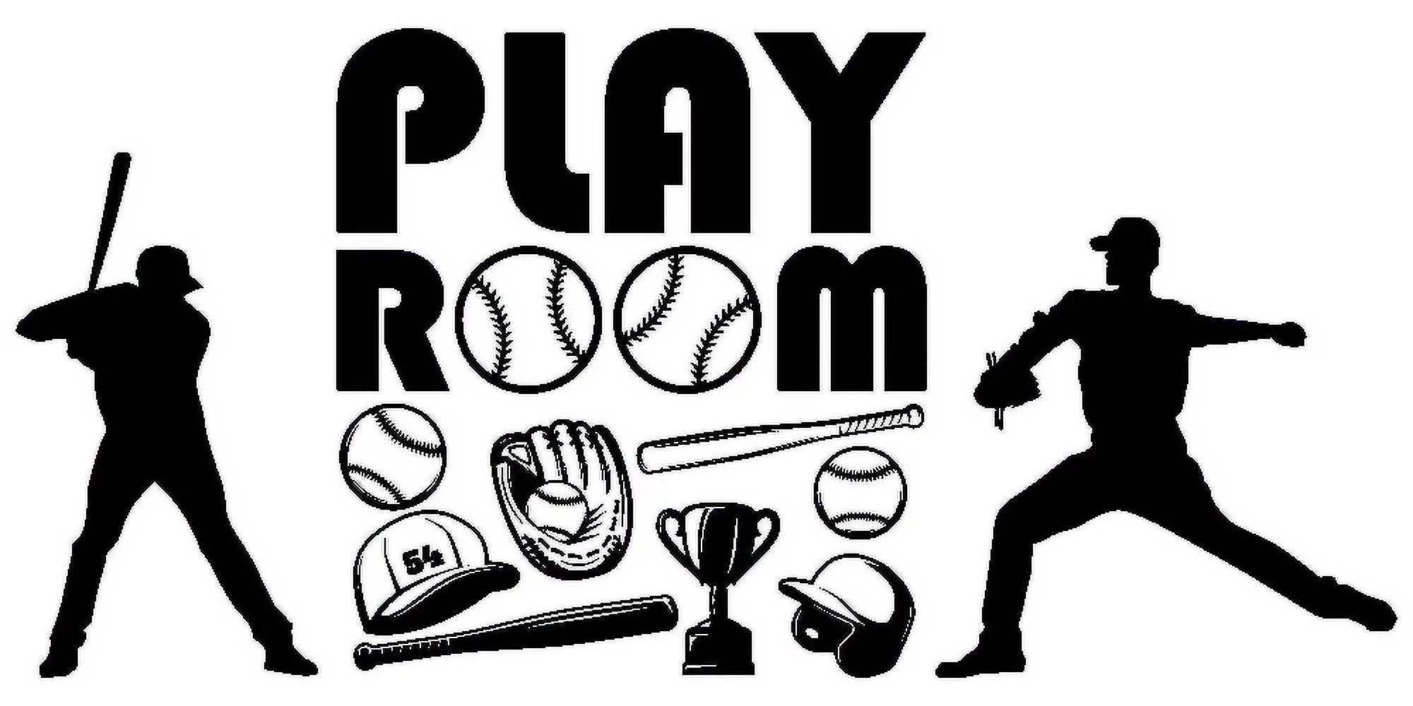 Basketball, Volleyball, Tennis, and Baseball Equipments with Players Playing for Kid's Room Wall Decor - Playroom Logo with Sports Collection Background Design Vinyl Wall Decal - Entrance Banner Word