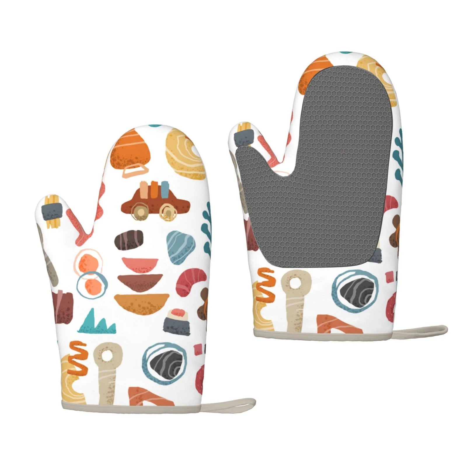 XMXT 2 Pcs Silicone Oven Mitts, Childhood Cartoon Print Thickened Non-Slip BBQ Gloves, White