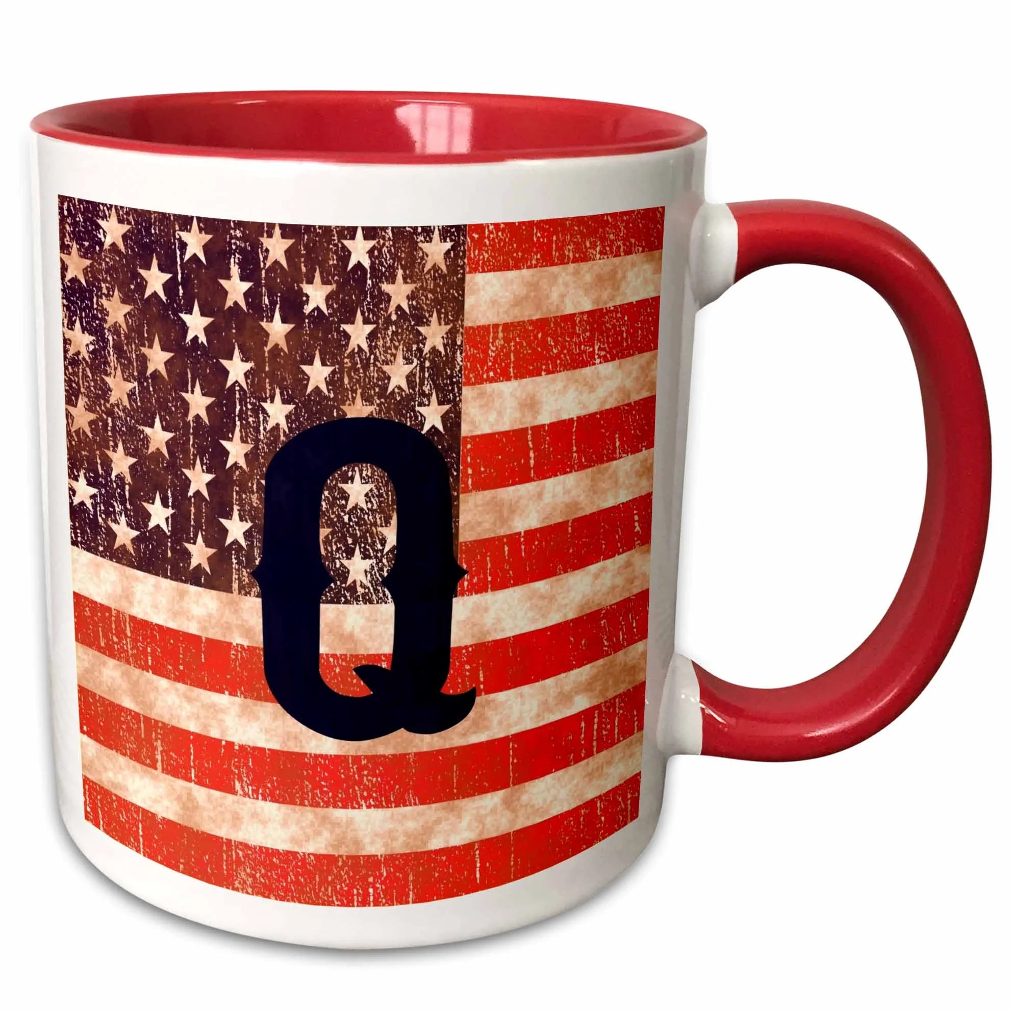 Initial Q- Distressed Vintage Look United States Flag with Monogram 15oz Two-Tone Red Mug mug-298809-10