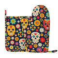 XMXY Oven Mitts and Pot Holders 2 Pcs Sets, Mexican Flowers Sugar Skull Heat Resistant Silicone Cooking Gloves for Grill Baking BBQ Kitchen Decor