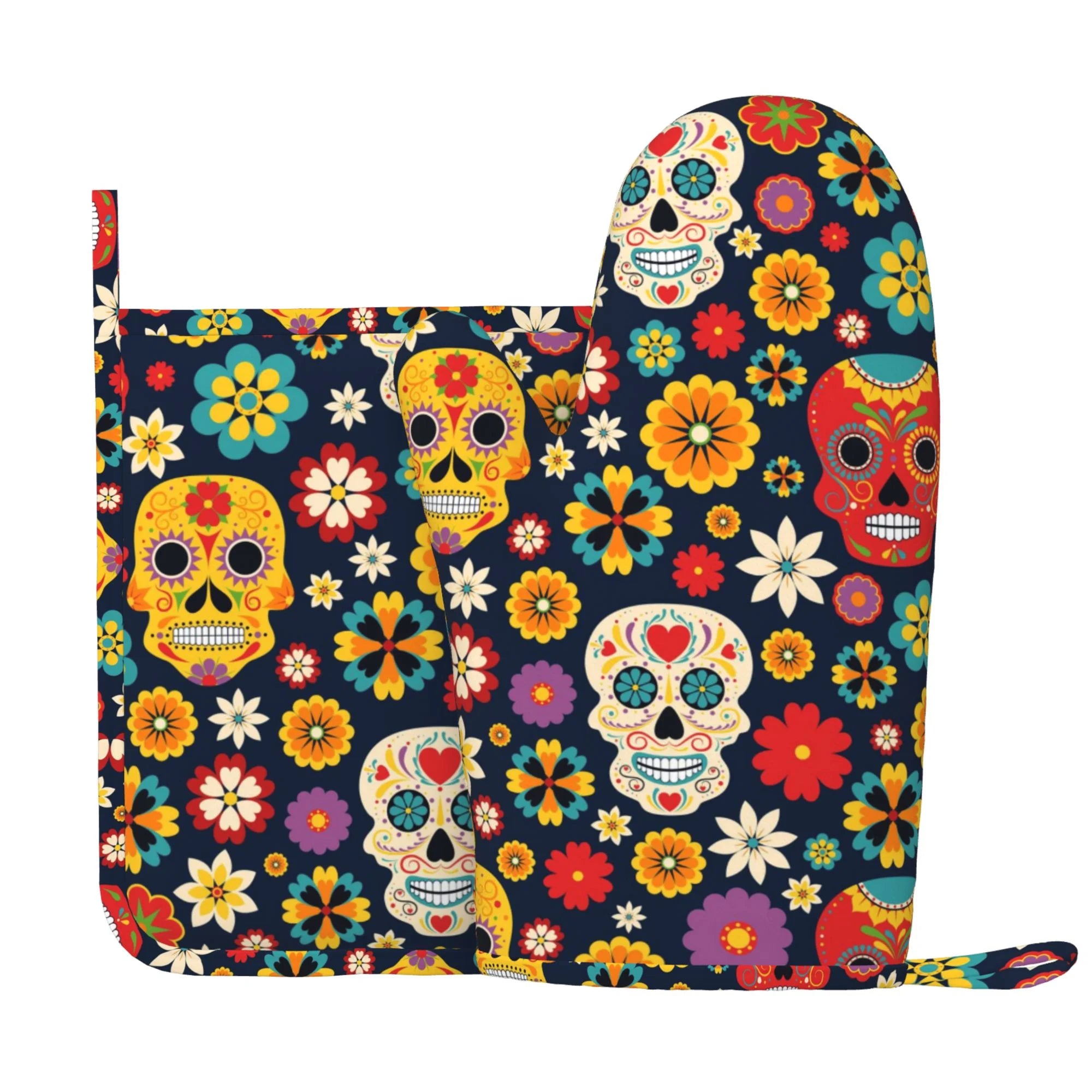 XMXY Oven Mitts and Pot Holders 2 Pcs Sets, Mexican Flowers Sugar Skull Heat Resistant Silicone Cooking Gloves for Grill Baking BBQ Kitchen Decor