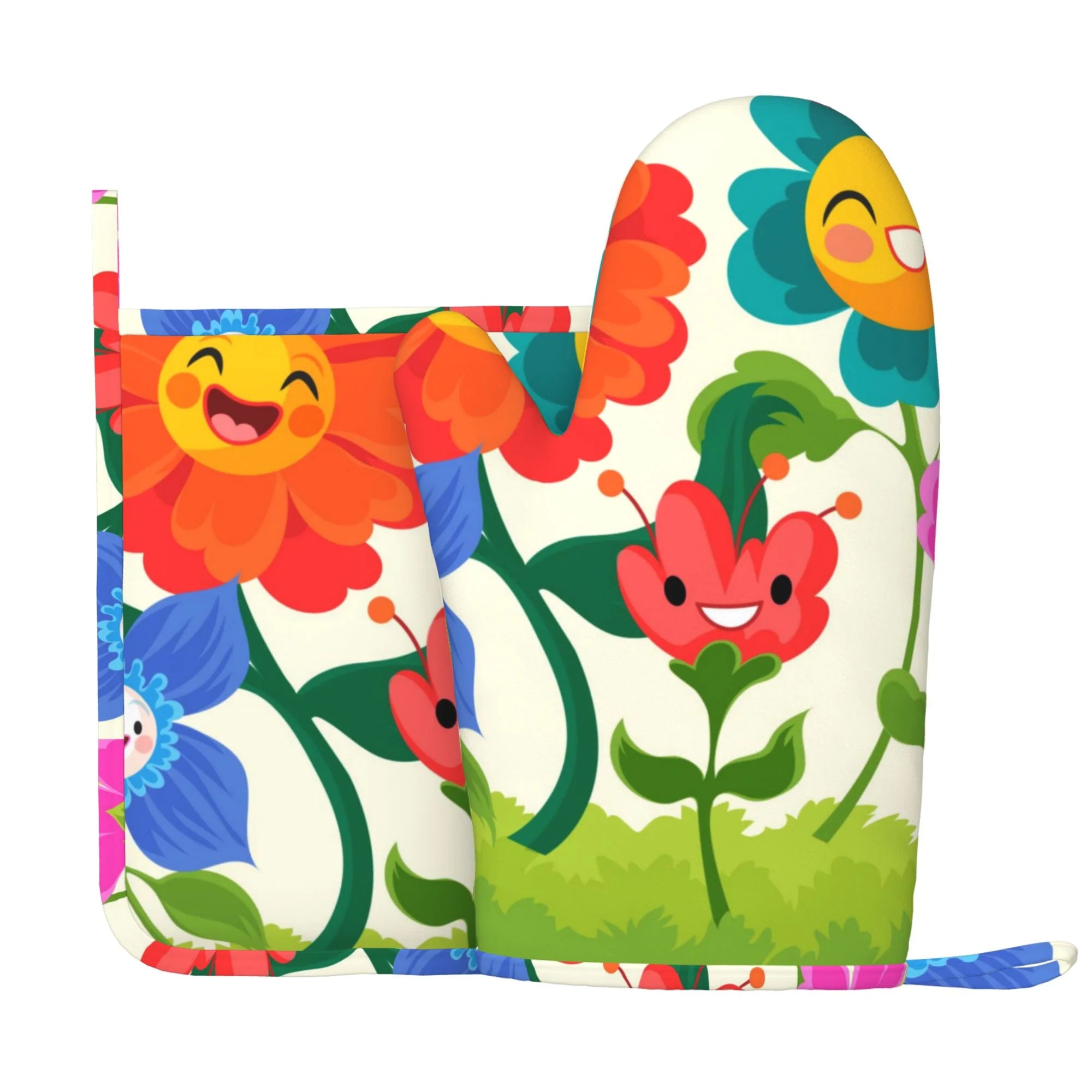 XMXY Oven Mitts and Pot Holders 2 Pcs Sets, Meadow Blooming Flower Heat Resistant Silicone Cooking Gloves for Grill Baking BBQ Kitchen Decor