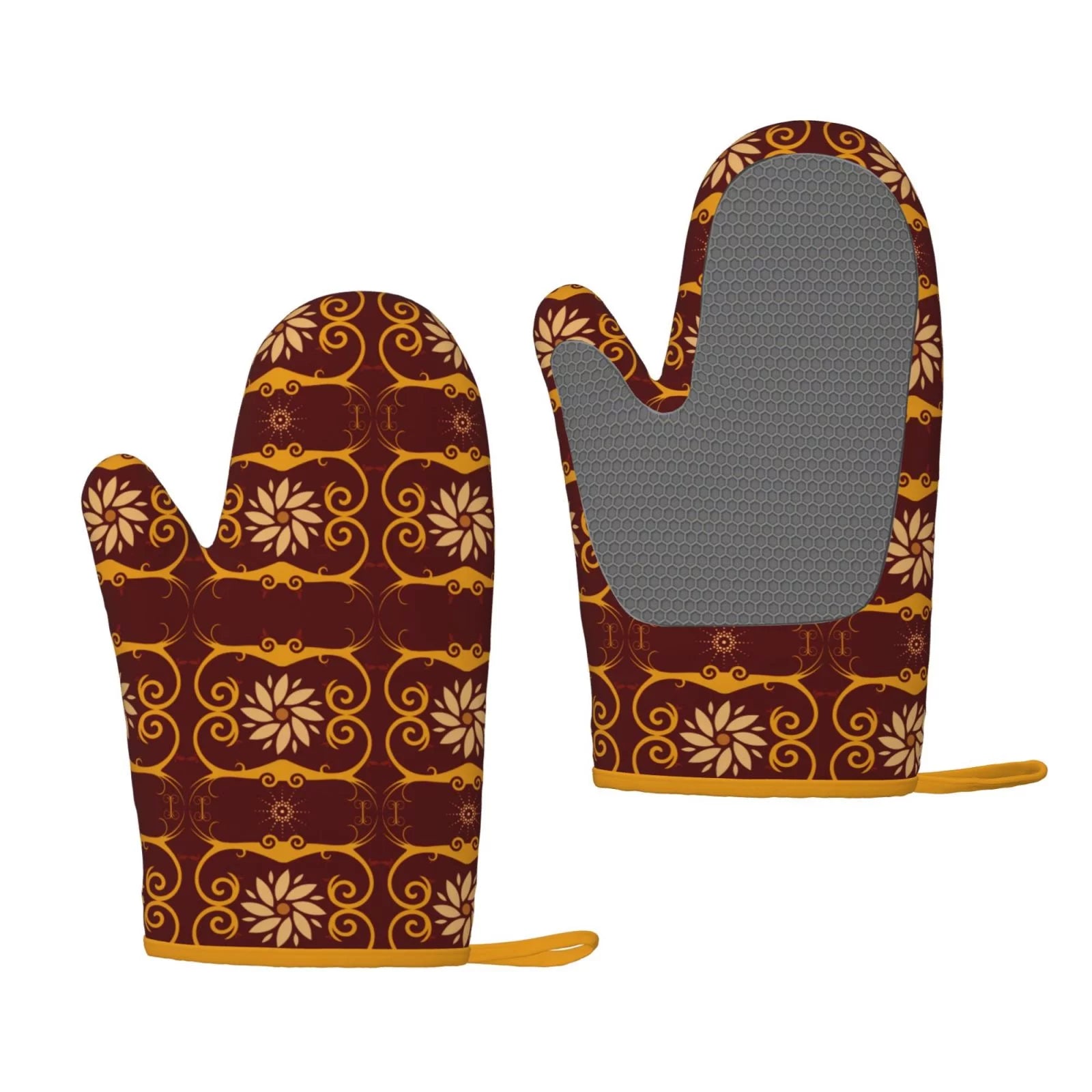 XMXT 2 Pcs Silicone Oven Mitts, Golden Floral Leaf Print Thickened Non-Slip BBQ Gloves, Red