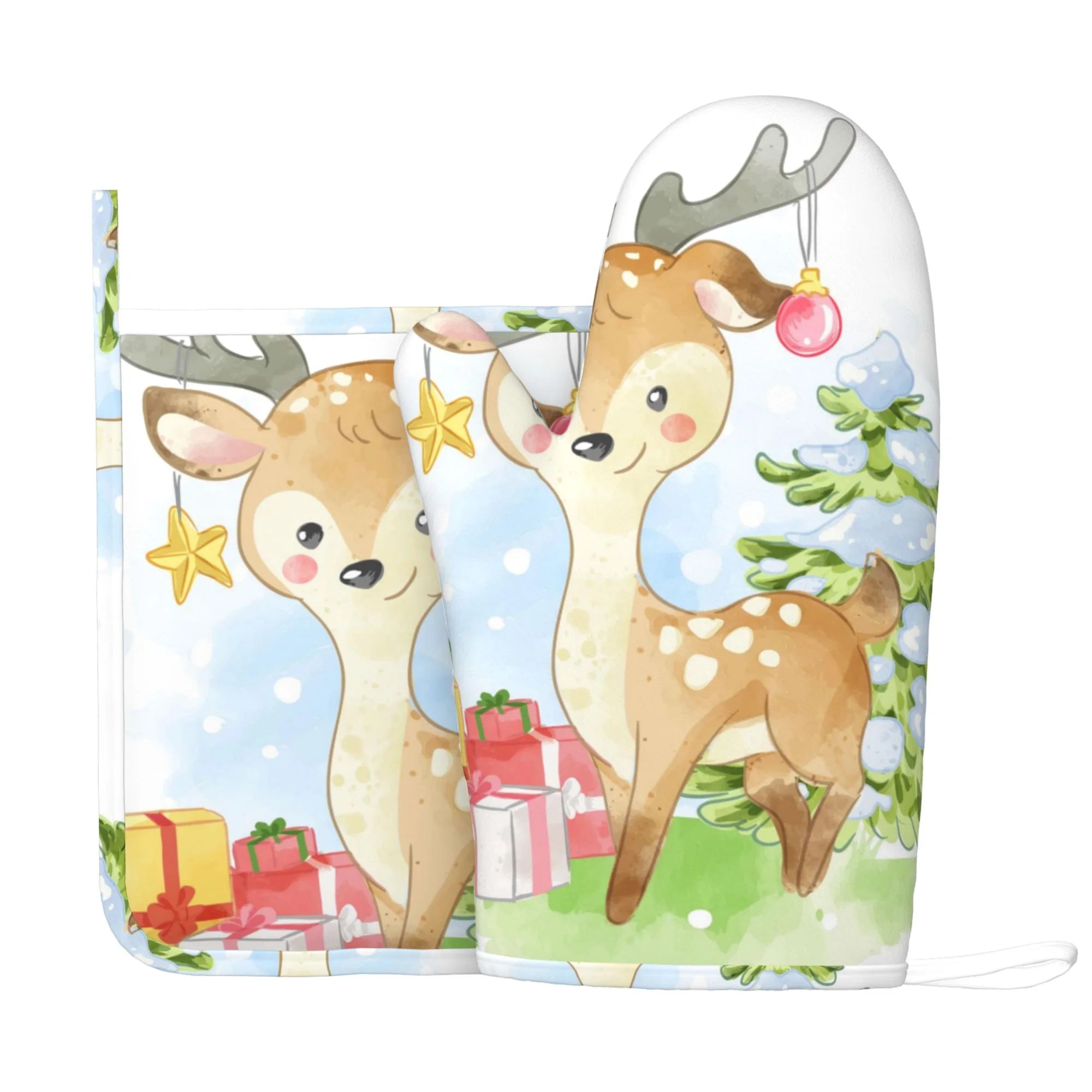 XMXY Oven Mitts and Pot Holders 2 Pcs Sets, Cartoon Deer with Presents Heat Resistant Silicone Cooking Gloves for Grill Baking BBQ Kitchen Decor