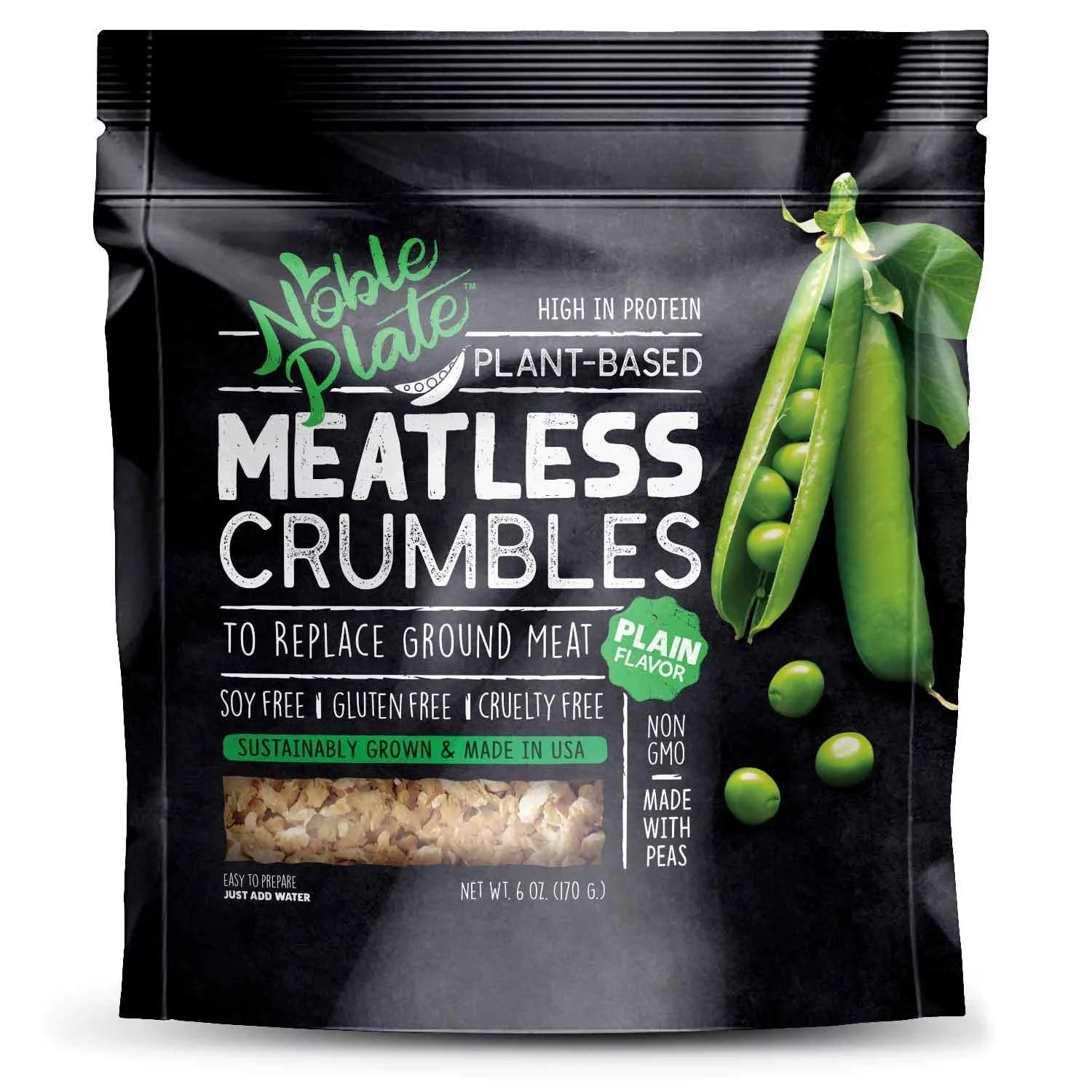Soy Free Meatless Crumbles by Noble Plate, 100% Vegan, Non-GMO, 45g Protein, 0g Net Carb, Plant-Based Vegan Meat, Made in USA, 170g (Plain - 1 Pack)