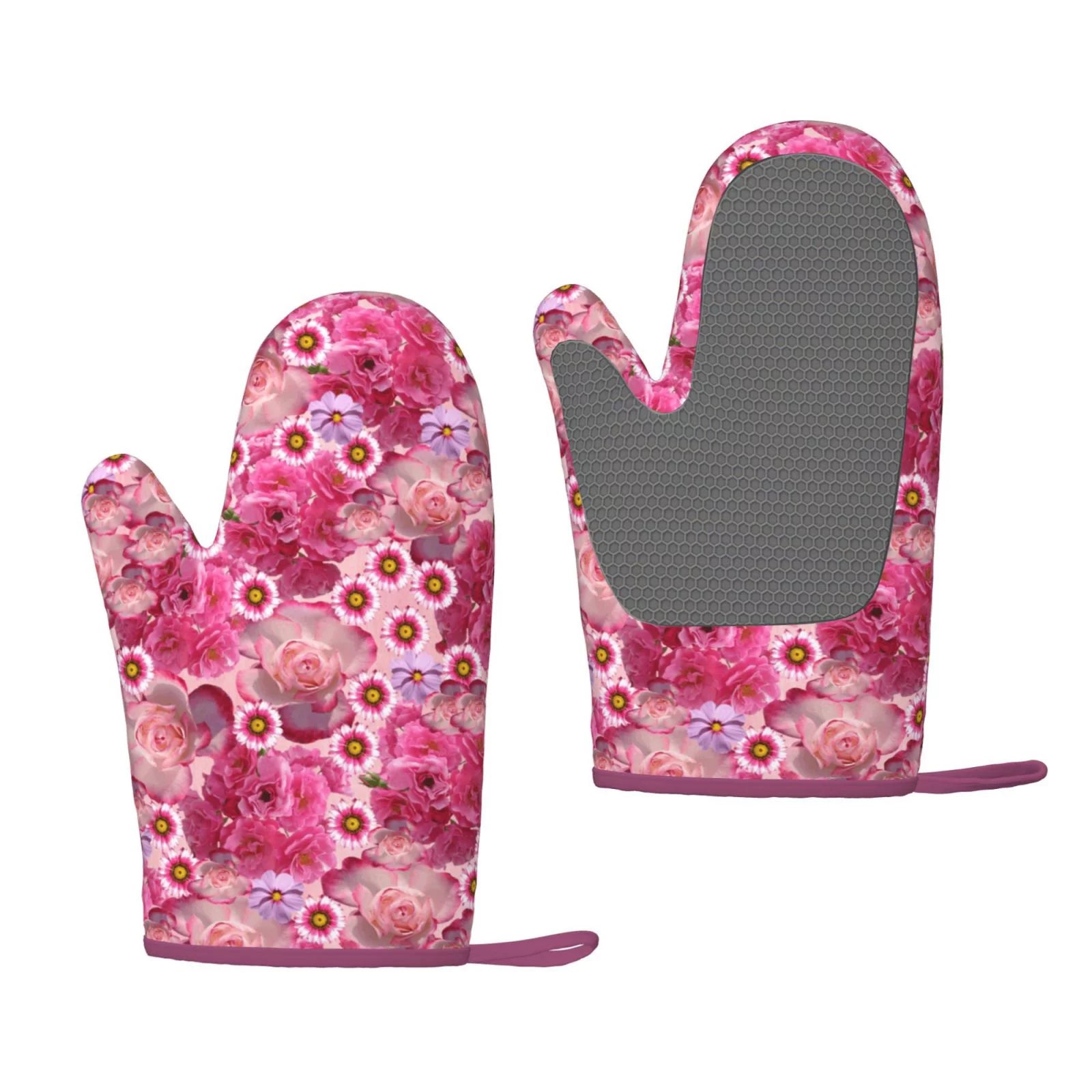 XMXT 2 Pcs Silicone Oven Mitts, Pink Rose Plant Print Thickened Non-Slip BBQ Gloves, Pink