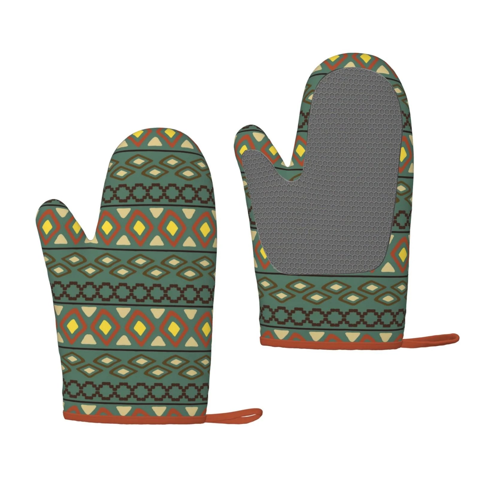 XMXT 2 Pcs Silicone Oven Mitts, African Deco Color Prints Thickened Non-Slip BBQ Gloves, Green