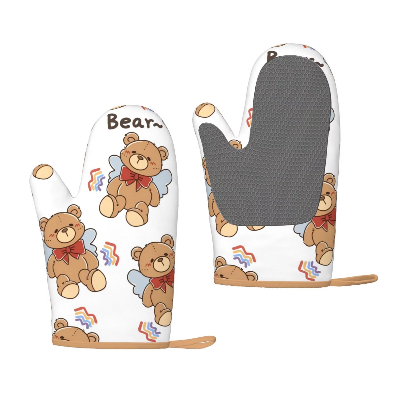 XMXT 2 Pcs Silicone Oven Mitts, Flying Cartoon Bear Print Thickened Non-Slip BBQ Gloves, White