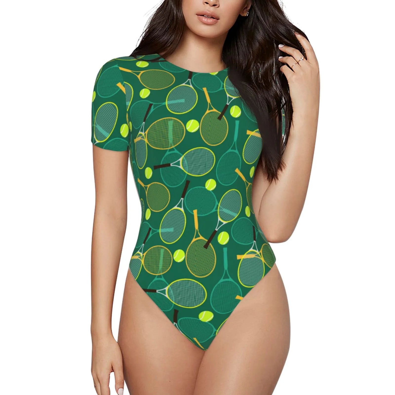 Easygdp Tennis Rackets and Balls Women's One-Piece Swimsuit Slim Fit Crew Neck Bodysuit Athletic Swimwear with Concealed Buckle - Small