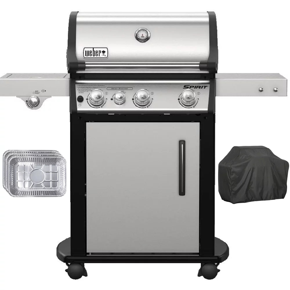 Weber 46802101 Spirit SP-335 Gas Grill, Stainless Steel Bundle with Generic Grill Cover Barbecue Waterproof Outdoor Protection and Aluminum Drip Pans (Set of 3)