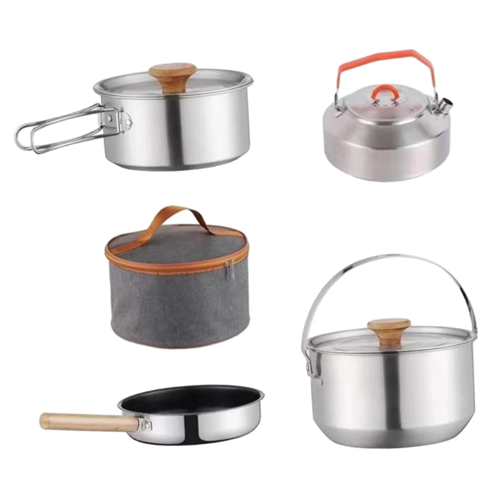 koolsoo Camping Cookware Cooking Set Nonstick Lightweight with Storage Bag Cookset with Kettle for Family Campfire Indoors Travel wood handle