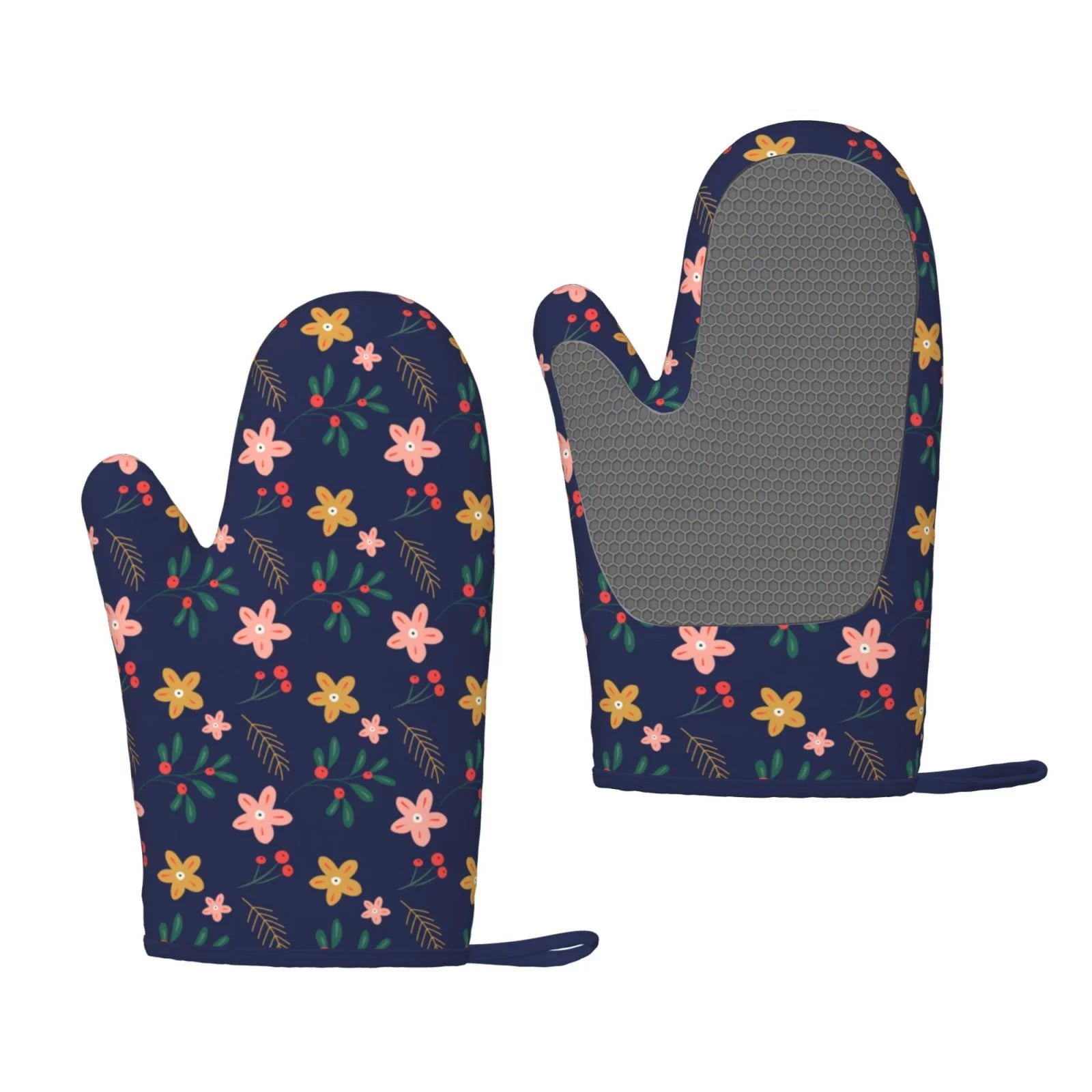 XMXT 2 Pcs Silicone Oven Mitts, Pink Yellow Floral Texture Thickened Non-Slip BBQ Gloves, Multicolor