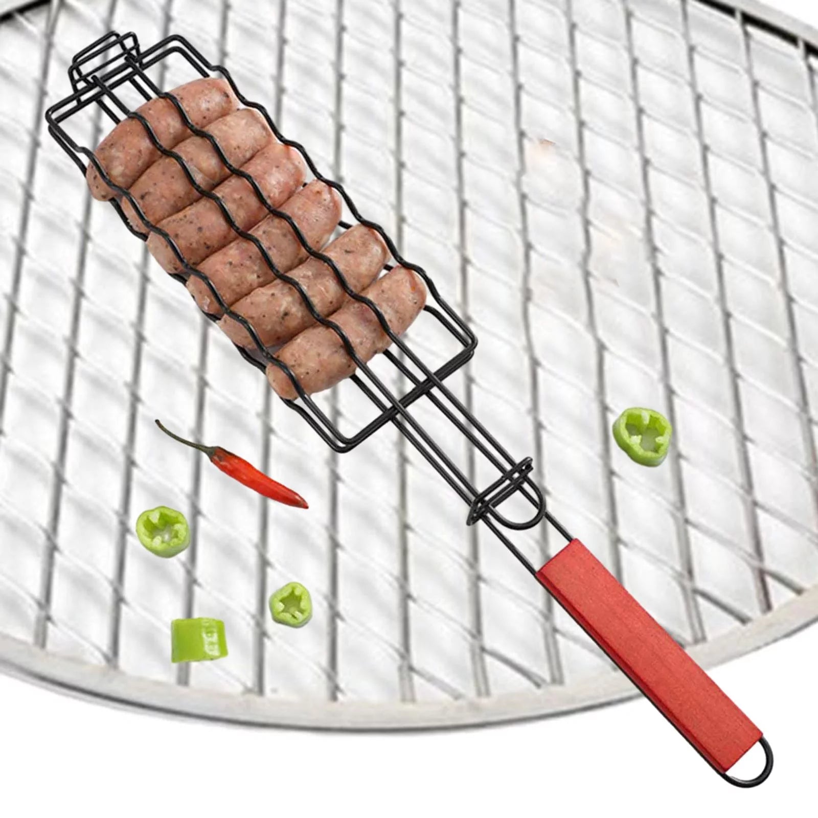 Hot Dogs Grilling Basket, Picnic Grill Rack with Wood Handle, Metal Barbecue Sausage Rack Grill Basket for Grilling BBQ