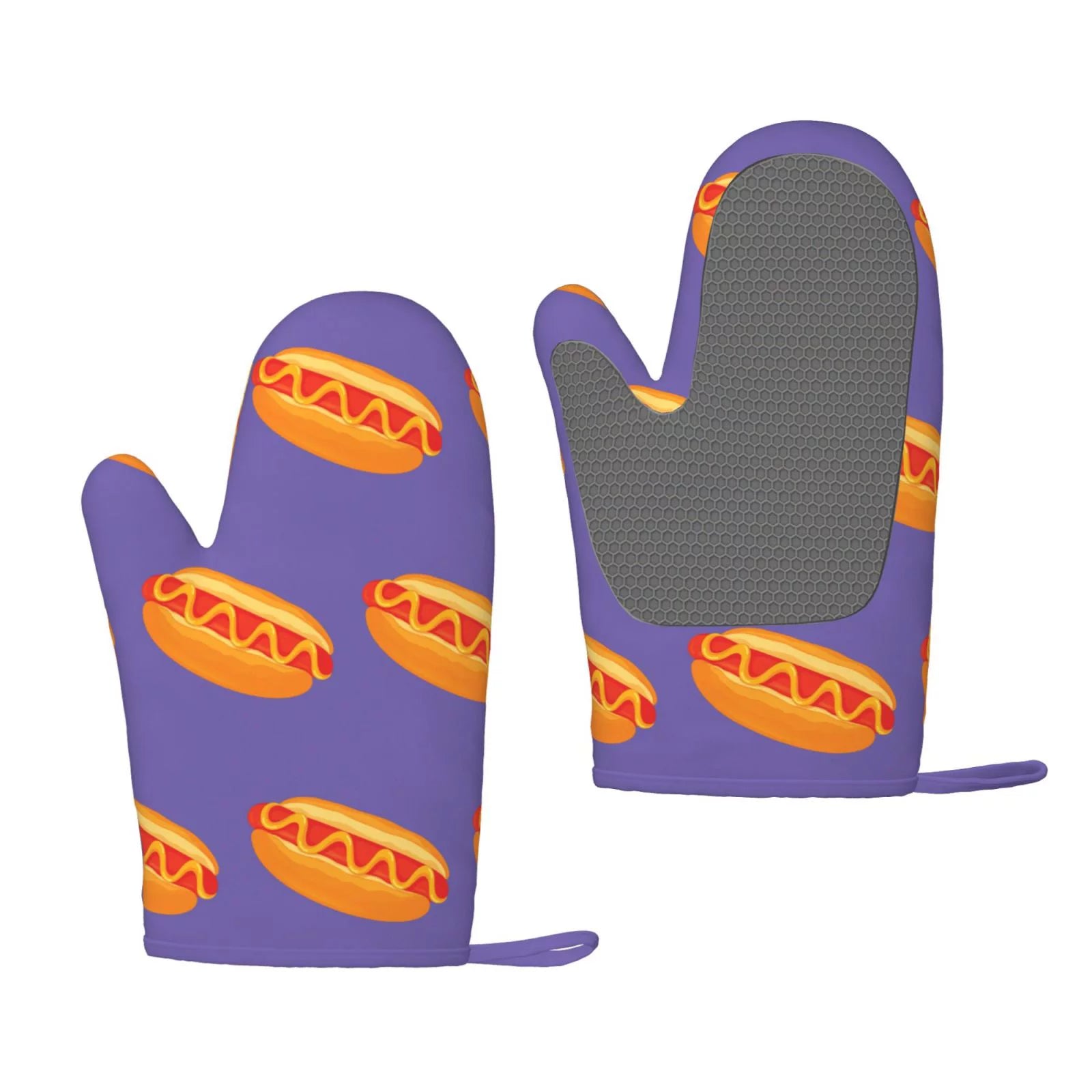 XMXT 2 Pcs Silicone Oven Mitts, Tempting Hot Dog Sandwich Thickened Non-Slip BBQ Gloves, Purple