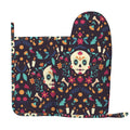 XMXY Oven Mitts and Pot Holders 2 Pcs Sets, Traditional Day Of The Dead Skull Heat Resistant Silicone Cooking Gloves for Grill Baking BBQ Kitchen Decor