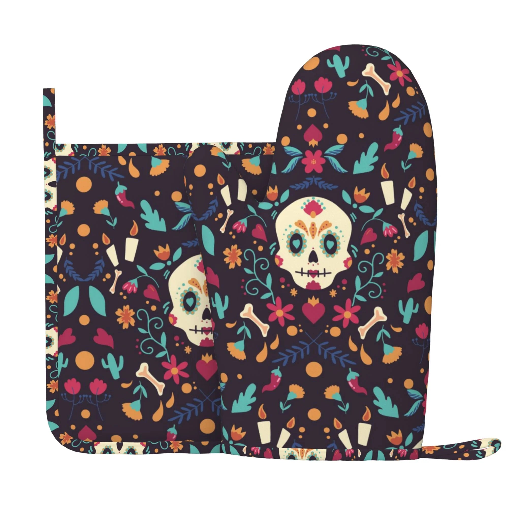 XMXY Oven Mitts and Pot Holders 2 Pcs Sets, Traditional Day Of The Dead Skull Heat Resistant Silicone Cooking Gloves for Grill Baking BBQ Kitchen Decor