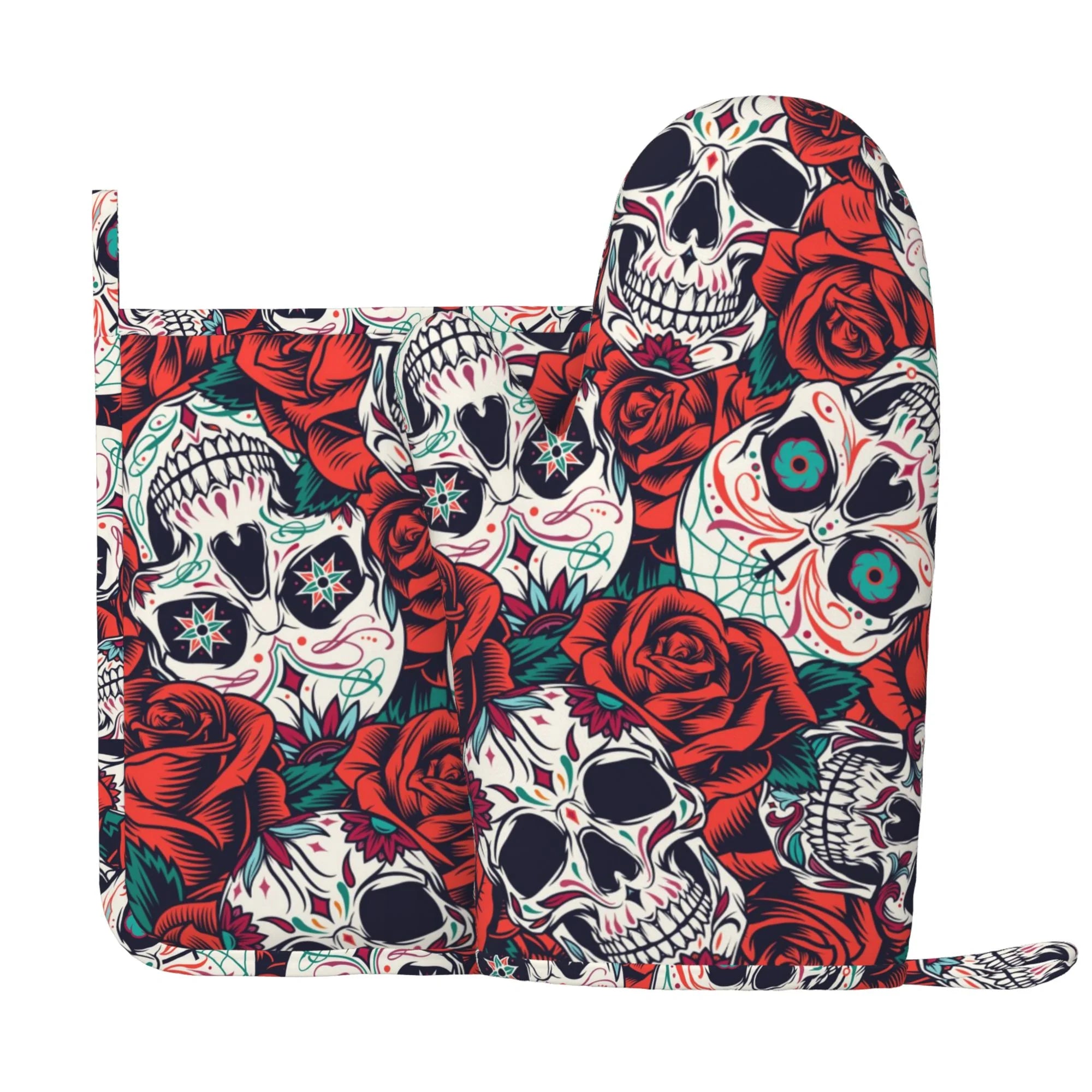 XMXY Oven Mitts and Pot Holders 2 Pcs Sets, Rose Skull Heat Resistant Silicone Cooking Gloves for Grill Baking BBQ Kitchen Decor
