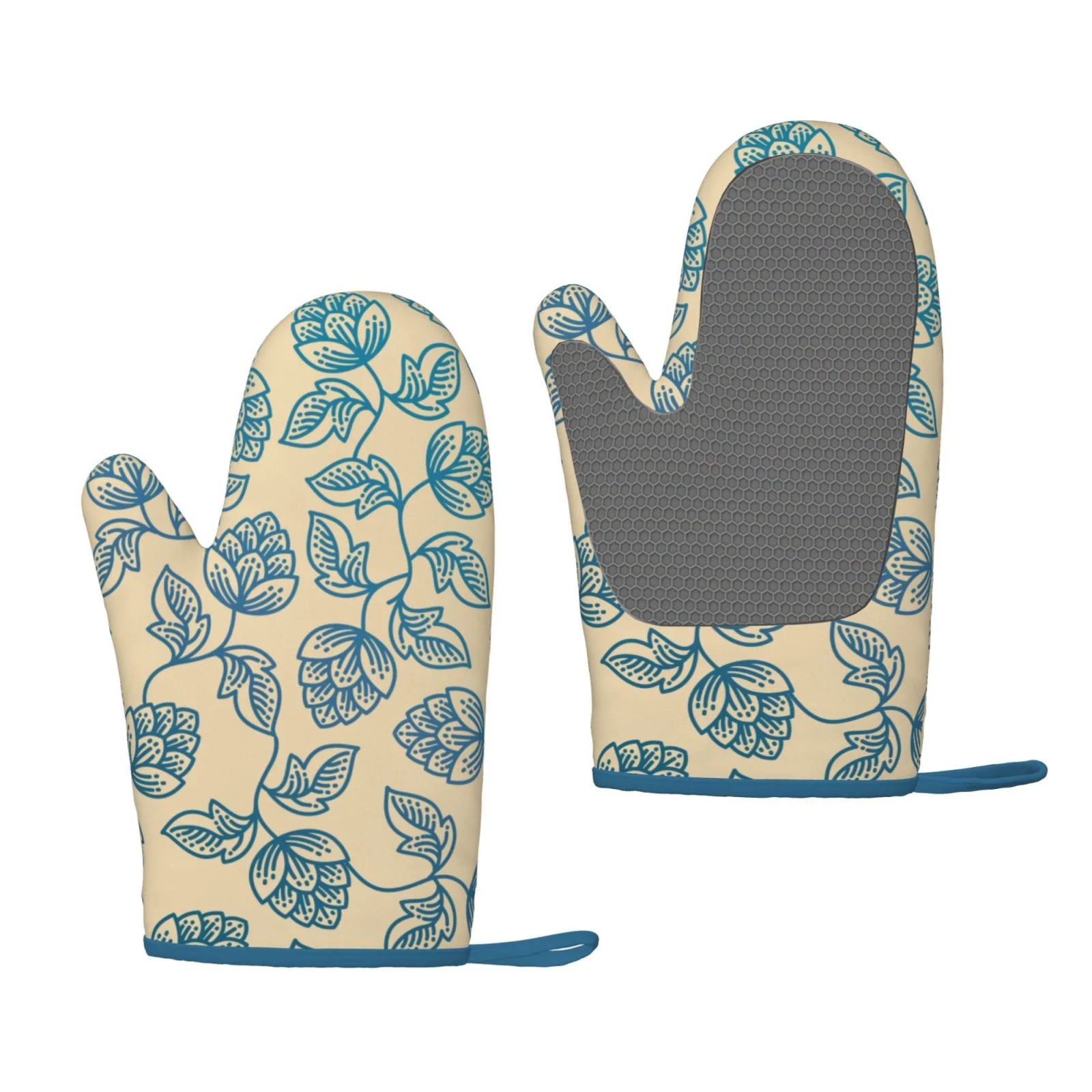 XMXT 2 Pcs Silicone Oven Mitts, Leaves Pattern Flower Stamp Thickened Non-Slip BBQ Gloves, Brown