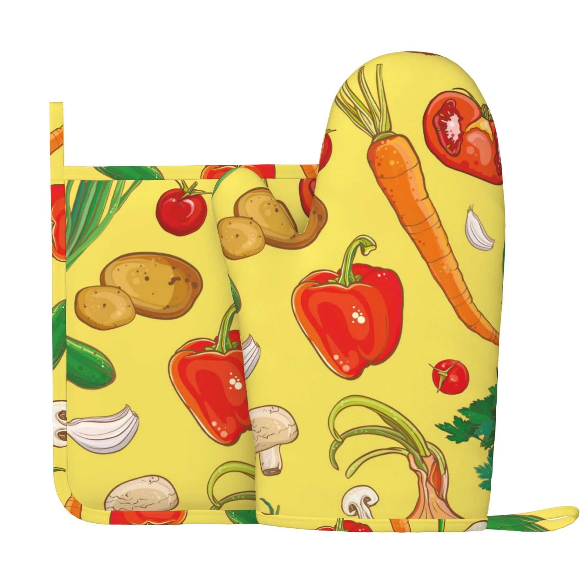 XMXY Oven Mitts and Pot Holders 2 Pcs Sets, Lots Cartoon Vegetables Heat Resistant Silicone Cooking Gloves for Grill Baking BBQ Kitchen Decor