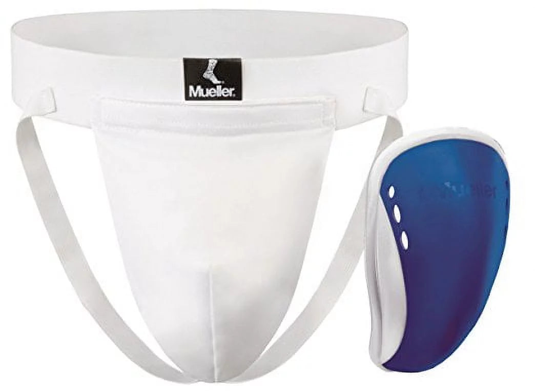 Mueller Youth Athletic Supporter with Flex Shield Cup, White/Blue, Youth Regular