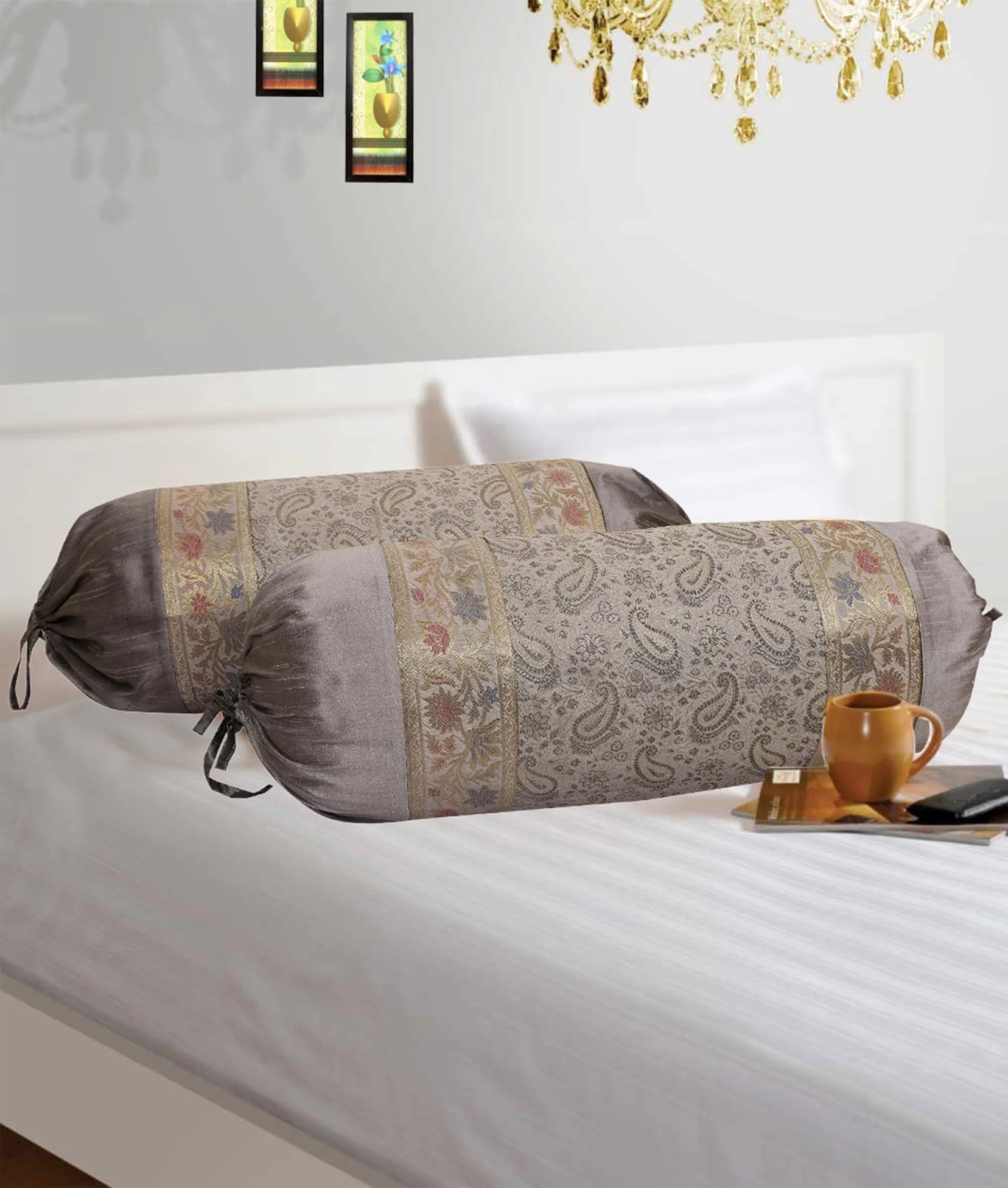 Stylo Culture Indian Polydupion Cylindrical Hotdog Pillow Bolster Pillow Covers Grey Paisley Jacquard Brocade Border Large Settee Cylinder Cushion Covers (Set of 2) | 30x15 Inches (76x38 cm)