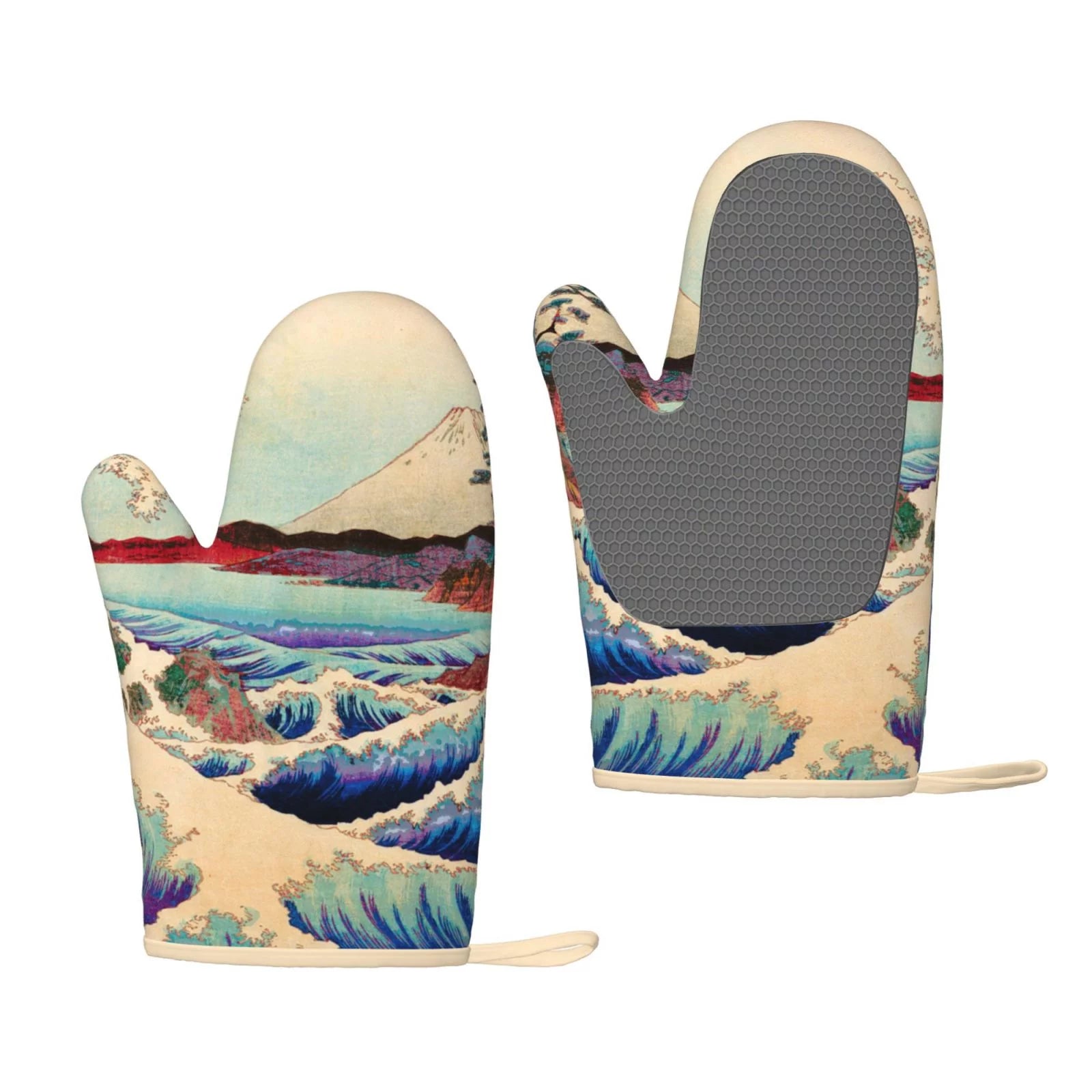 XMXT 2 Pcs Silicone Oven Mitts, Fujiyama Wave Print Thickened Non-Slip BBQ Gloves, Multicolor