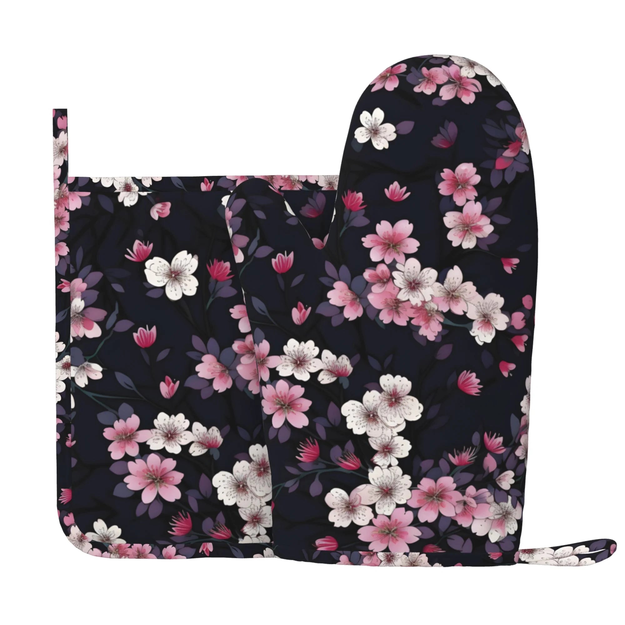 XMXY Oven Mitts and Pot Holders 2 Pcs Sets, Sakura Flowers Heat Resistant Silicone Cooking Gloves for Grill Baking BBQ Kitchen Decor