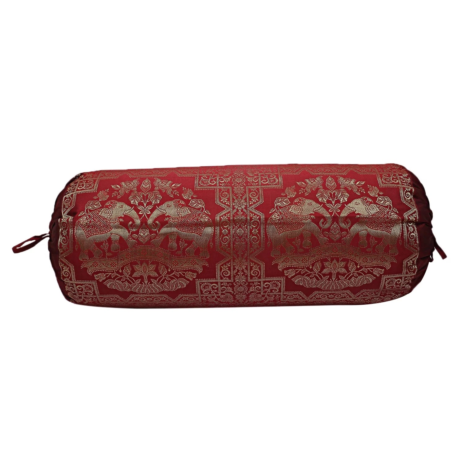 Stylo Culture Brocade Silk Jacquard Cylindrical Decorative Bolster Pillow Cover For Bedroom Burgundy Gold Elephant Polydupion Indian Neck Roll Home Decor Banarsi Bolster Case | (1 Pc) | (76x38 cm)