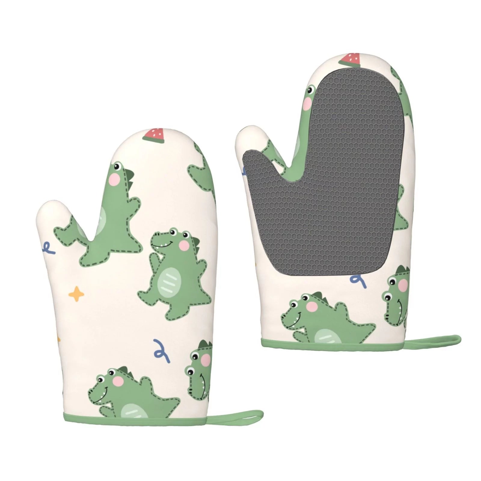 XMXT 2 Pcs Silicone Oven Mitts, Dinosaur Cartoon Pattern Thickened Non-Slip BBQ Gloves, Beige