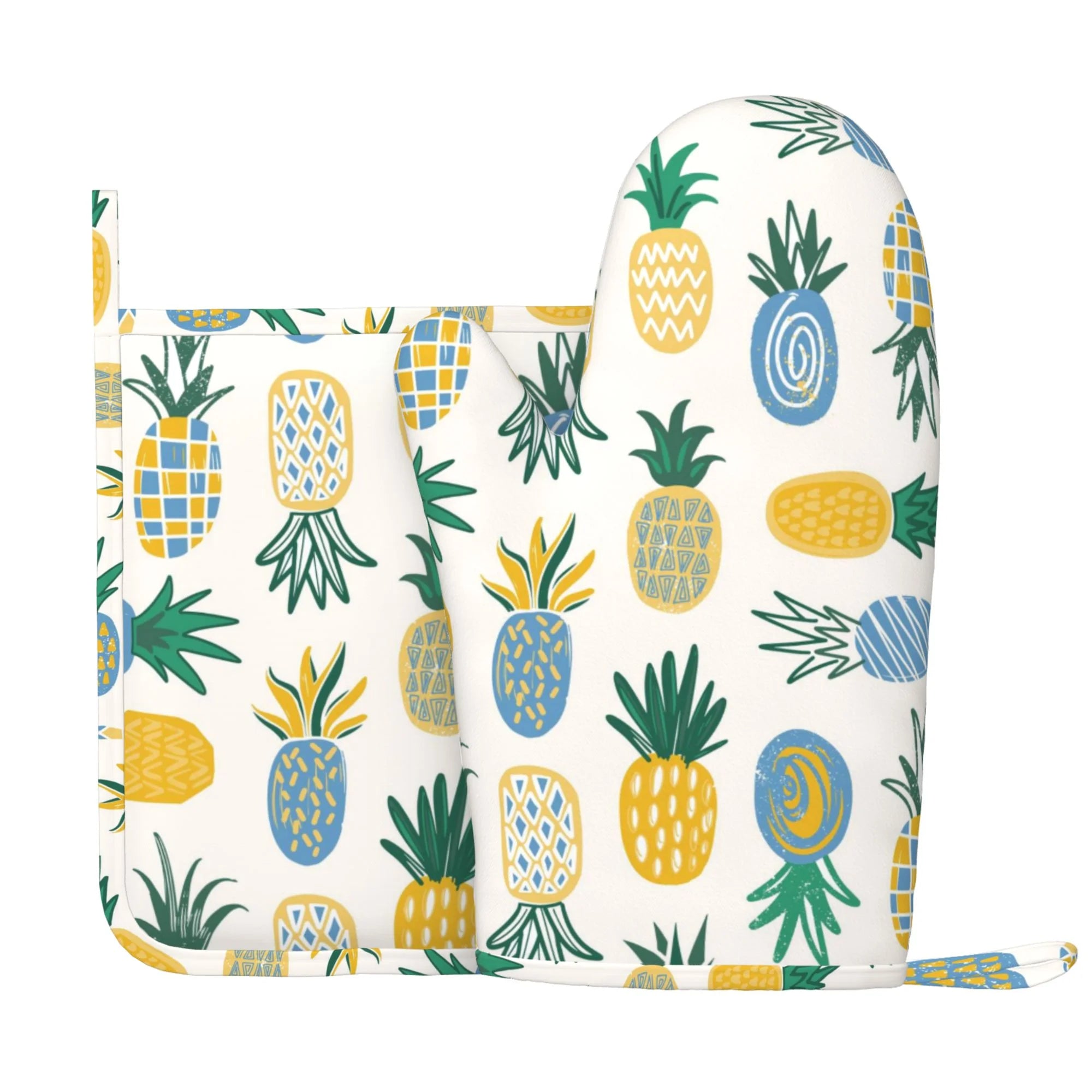 XMXY Oven Mitts and Pot Holders 2 Pcs Sets, Delicious Pineapple Tropical Fruit Heat Resistant Silicone Cooking Gloves for Grill Baking BBQ Kitchen Decor