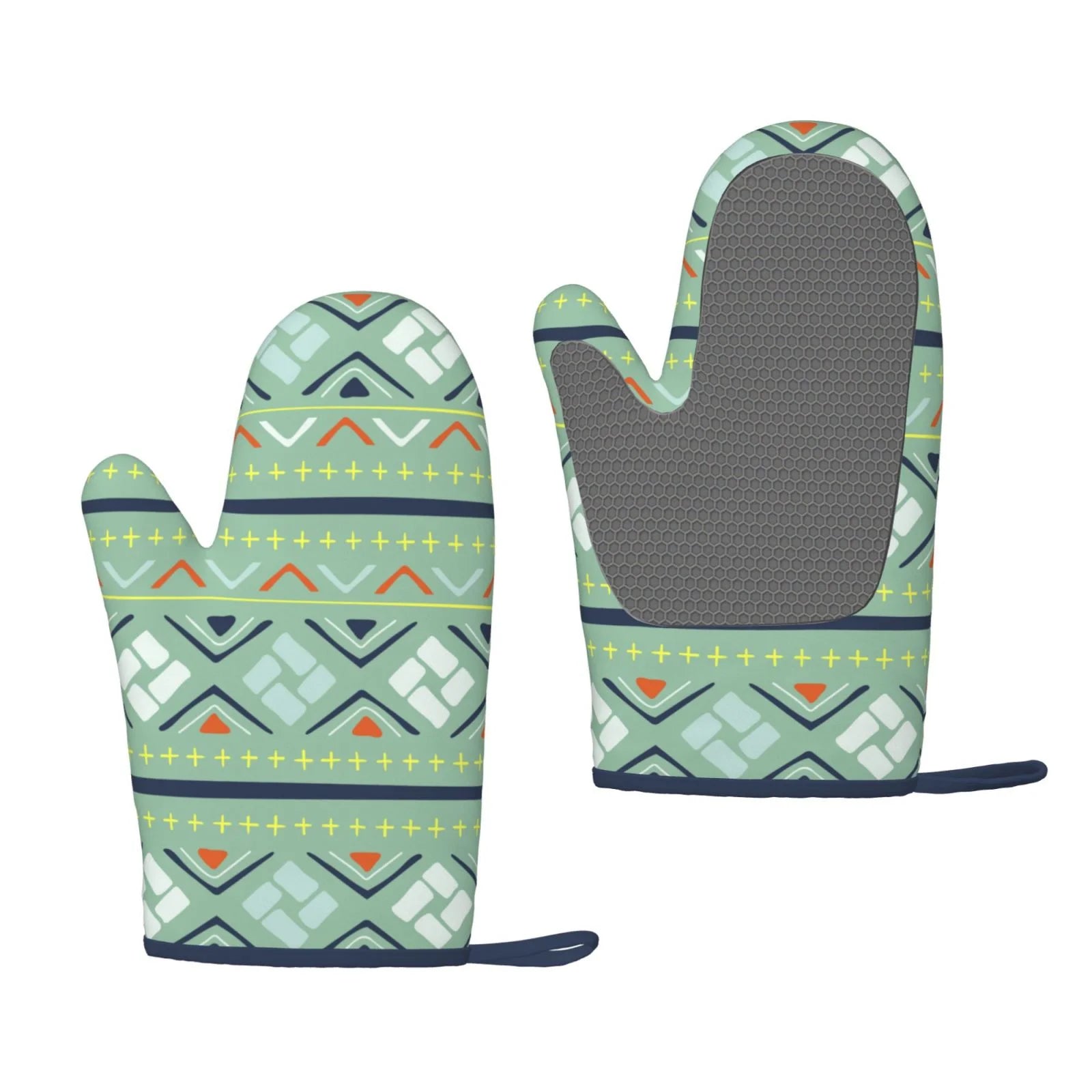 XMXT 2 Pcs Silicone Oven Mitts, Old School Bohemian Print Thickened Non-Slip BBQ Gloves, Green