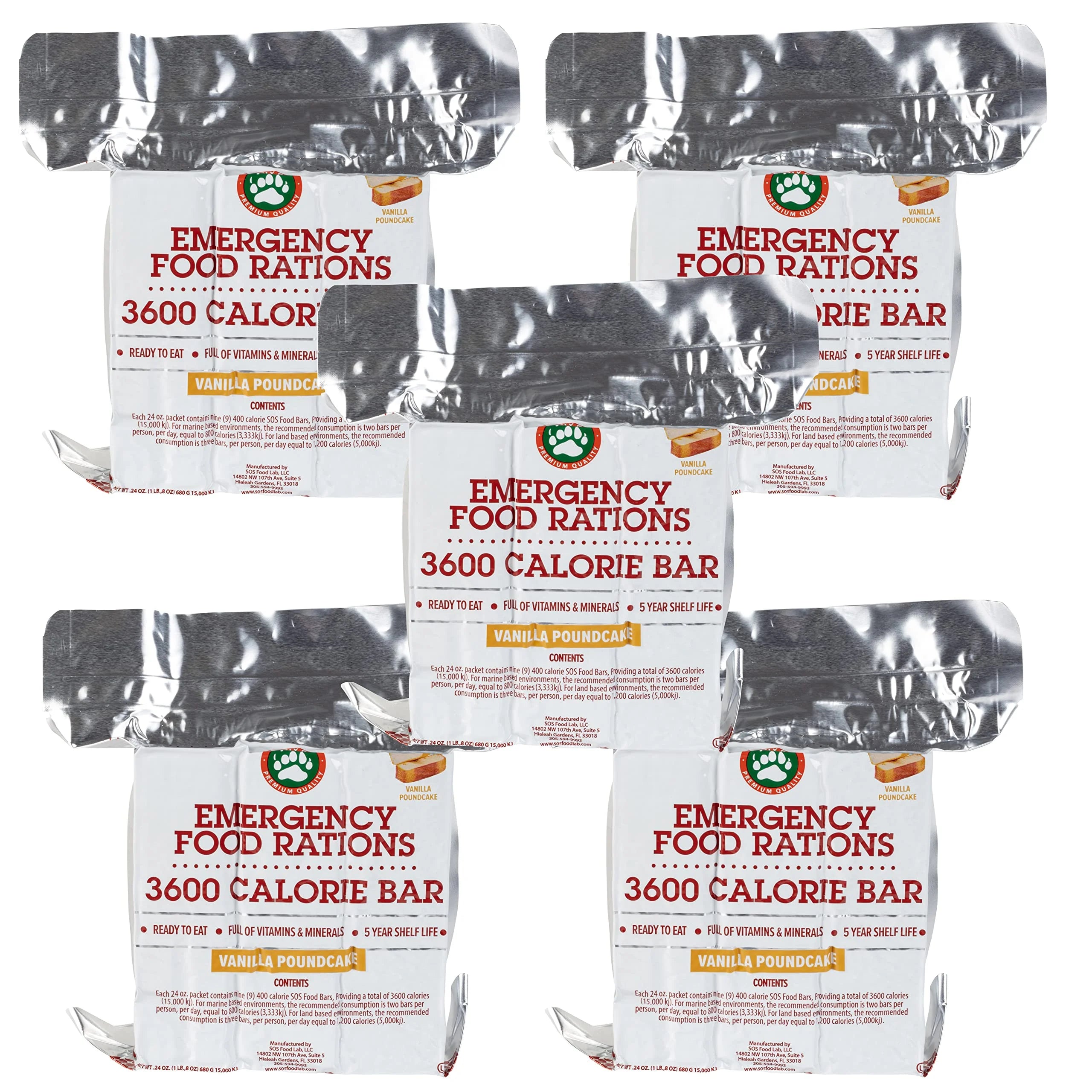 Grizzly Gear Emergency Food Rations- 3600 Calorie Vanilla Poundcake Bar (5 Pack) - 15 Day, 360 Hour Value Supply For Disaster, Hurricane - Less Sugar, More Nutrients - 5 Year Shelf Life