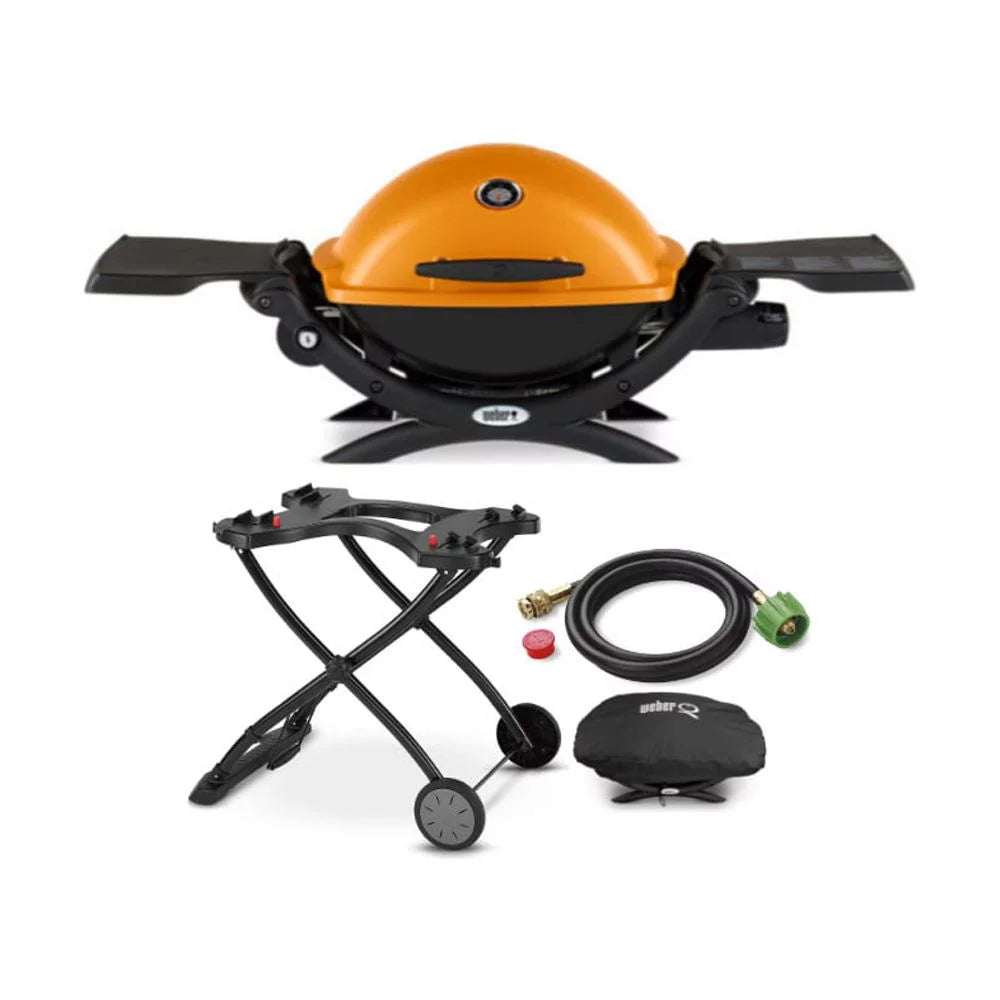 Weber Q1200 Liquid Propane Grill (Orange) w/ Hose, Cover, and Cart
