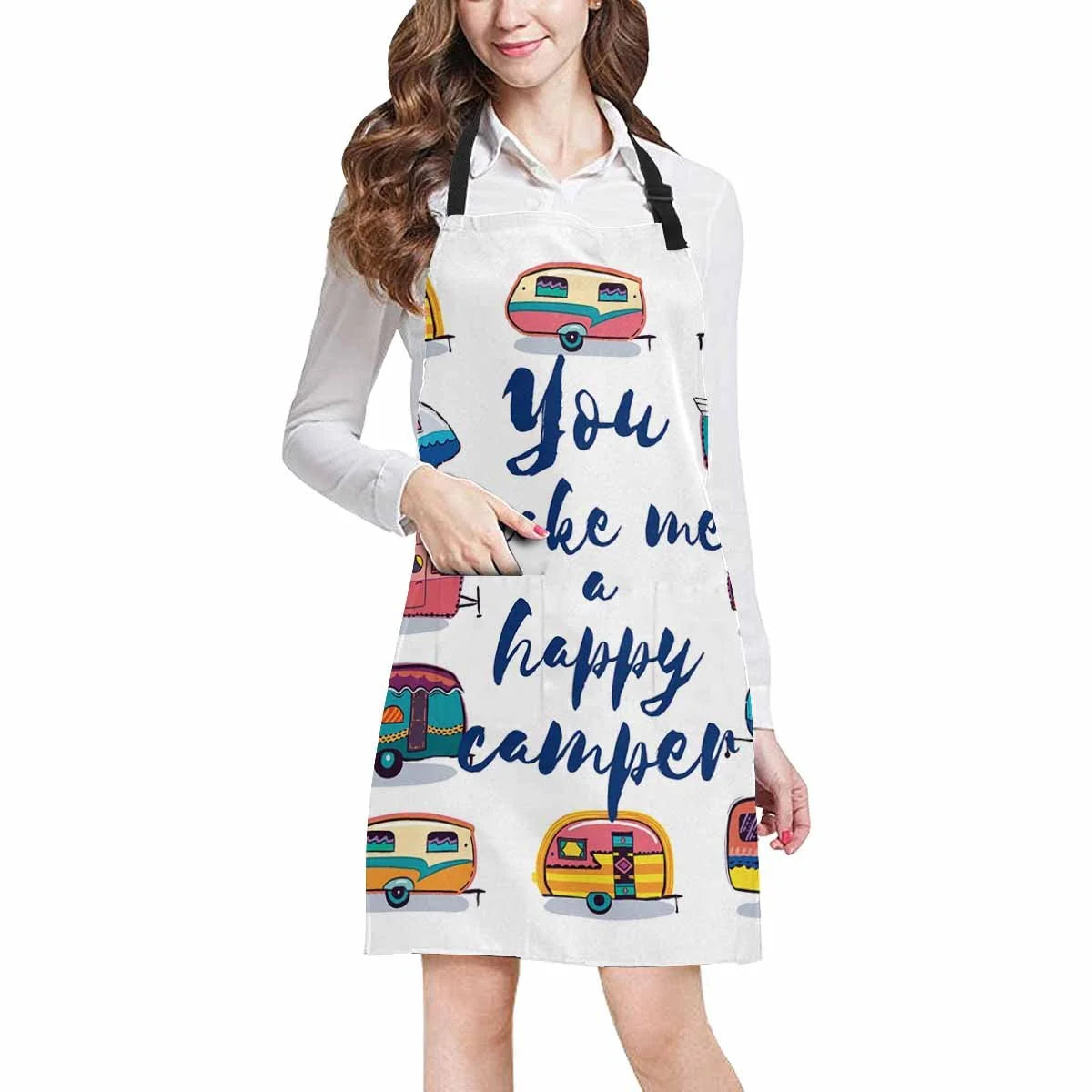 ASHLEIGH Funny You Make Me Happy Camper Inspirational Quote with Retro Caravans Kitchen Apron Mens and Womens Bib Apron Adjustable with Pockets for Cooking Baking Gardening