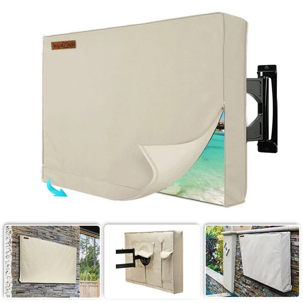Outdoor TV Cover for 52-55 Flat Screens, iClover Weatherproof Weather Dust Resistant Television Protector with Waterproof Remote Pocket - Beige