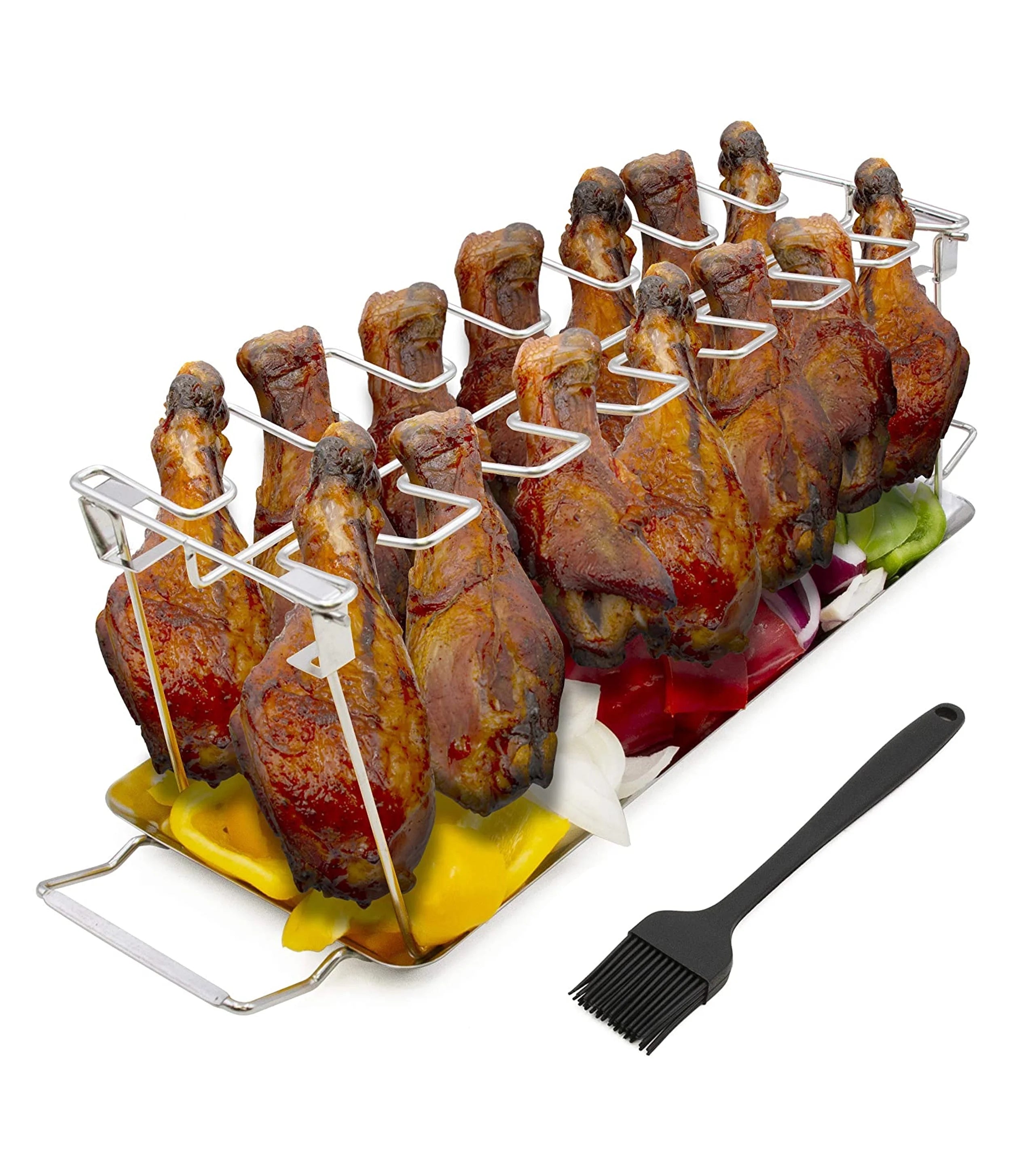 CASEMATIX Chicken Leg Rack and Chicken Wings Grill Rack with 14 Slots, Drip Tray and Basting Brush