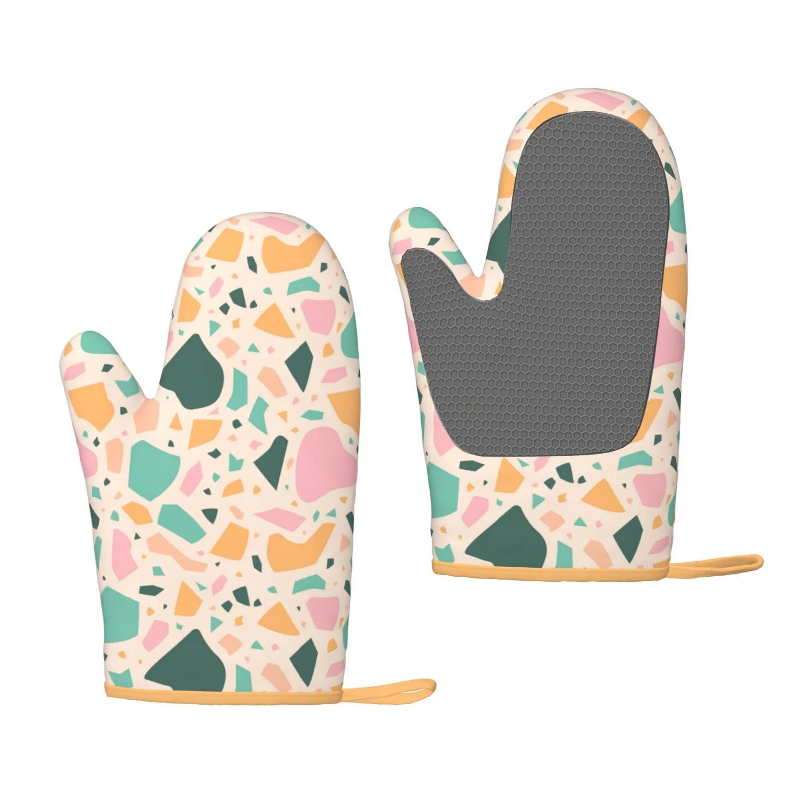 XMXT 2 Pcs Silicone Oven Mitts, Modern Colorful Terrazzo Prints Thickened Non-Slip BBQ Gloves, Multicolor