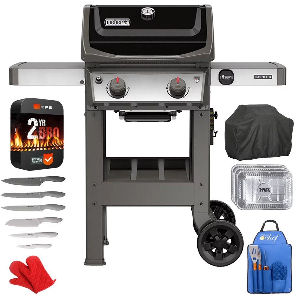 Weber 44010001 Spirit II E-210 Gas Grill, Liquid Propane Bundle with 2 YR CPS Enhanced Protection Pack, Grill Cover, Aluminum Drip Pans (Set of 3), 12pc Knife Set, 3pc BBQ Tool Set & Oven Mitts