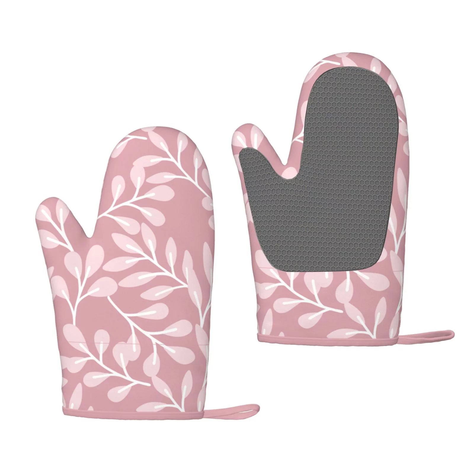 XMXT 2 Pcs Silicone Oven Mitts, Pink Leaf Texture Pattern Thickened Non-Slip BBQ Gloves, Pink