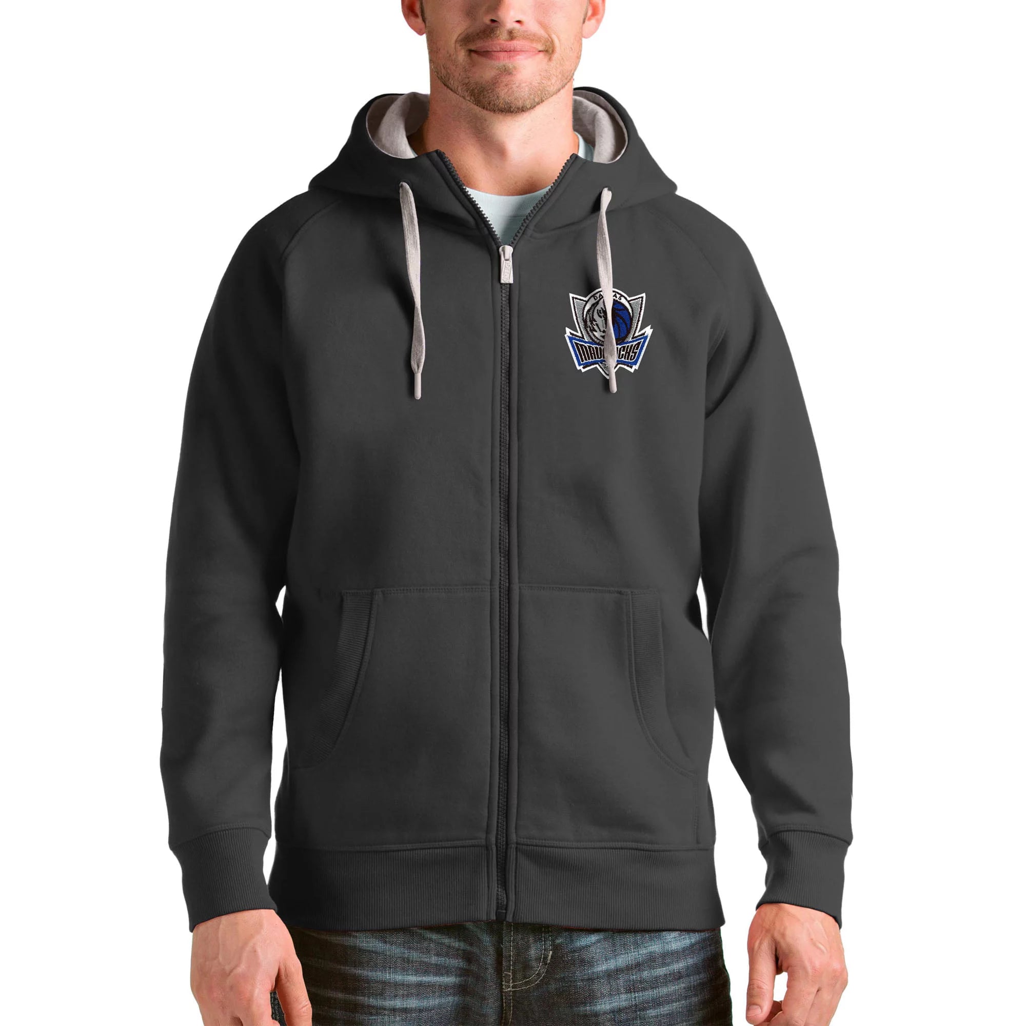 Men's Antigua Charcoal Dallas Mavericks Logo Victory Full-Zip Hoodie