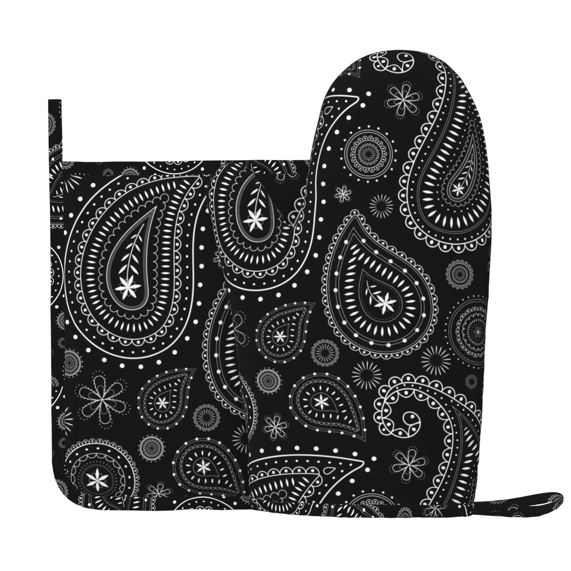 XMXY Oven Mitts and Pot Holders 2 Pcs Sets, Paisley Black Abstract Aesthetic Heat Resistant Silicone Cooking Gloves for Grill Baking BBQ Kitchen Decor