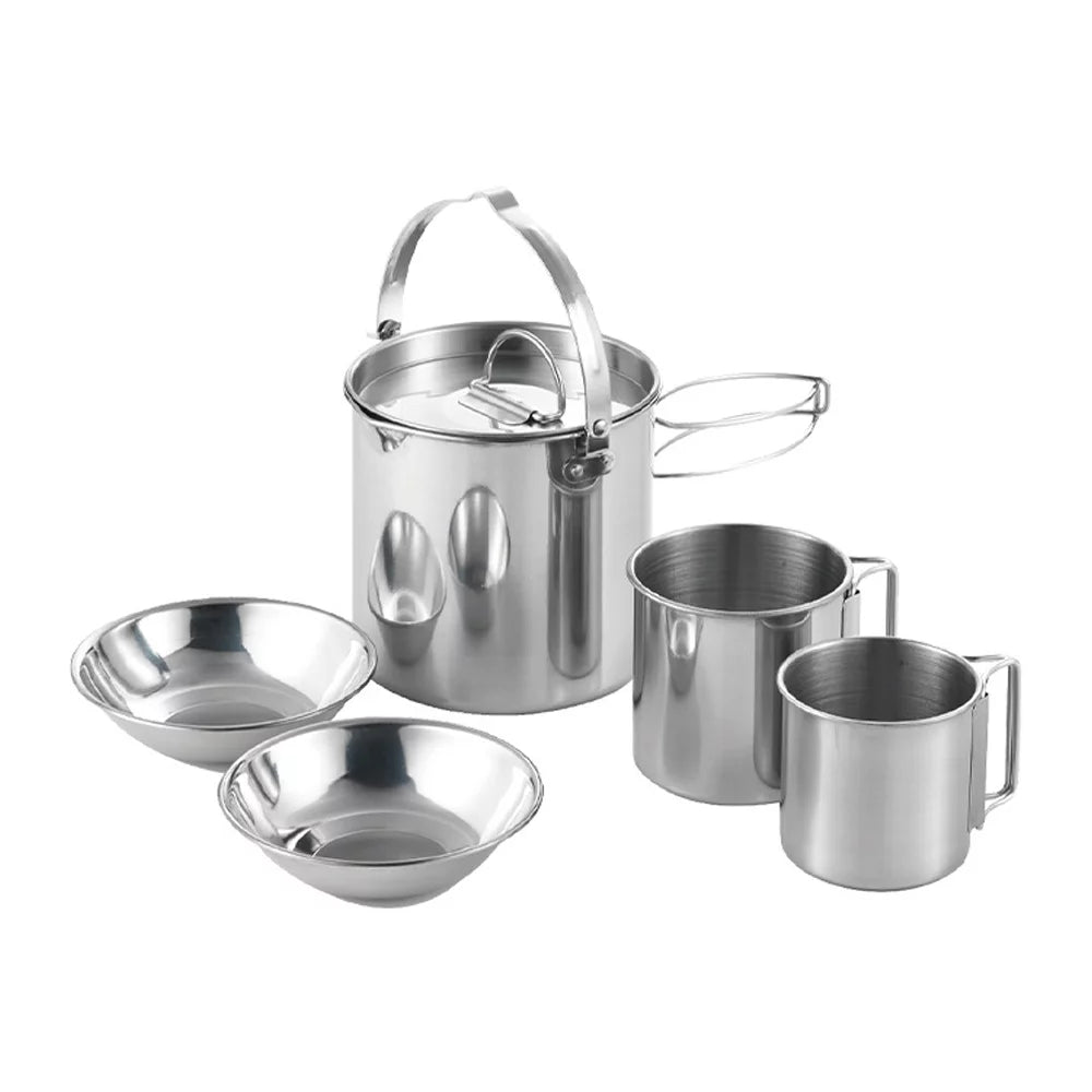 Collapsible Handle Camping Cookware Set, Stainless Steel Picnic Kit for Enjoyable Cooking