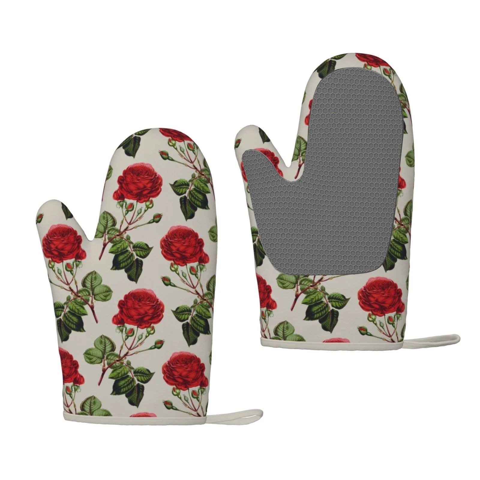 XMXT 2 Pcs Silicone Oven Mitts, Blooming Rose Print Thickened Non-Slip BBQ Gloves, Multicolor