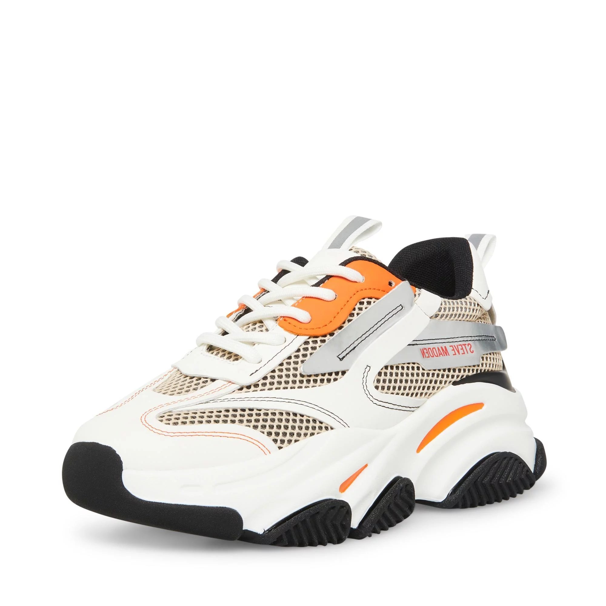 Steve Madden Possession White/Grey Lace Up Boyfriend Chunky Platform Sneakers (White/Grey/Orange, 8.5)